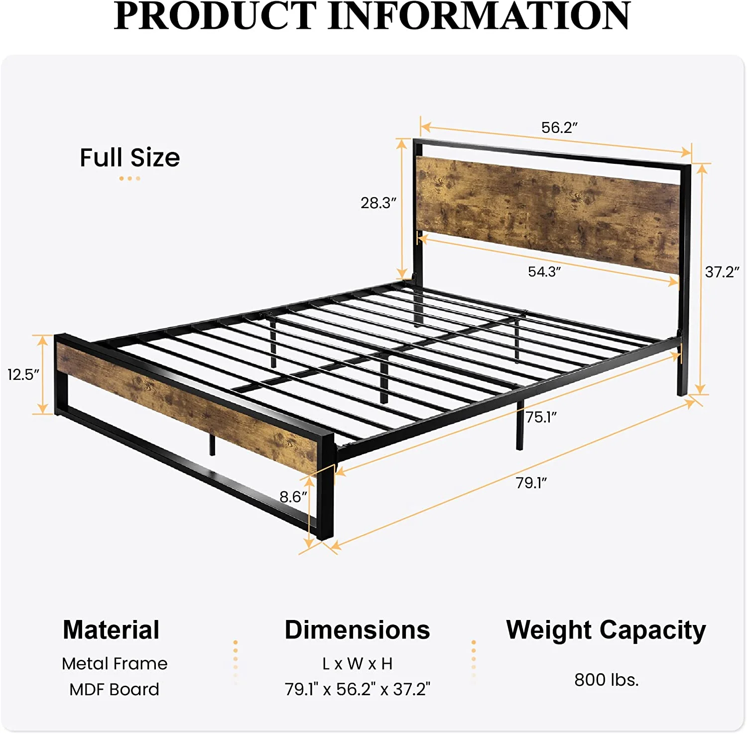 YINCHEN Full Bed Frame with Wood Headboard and Footboard, Heavy Duty Metal Platform Bed Frame, No Box Spring Needed, Noise-Free, Rustic Brown