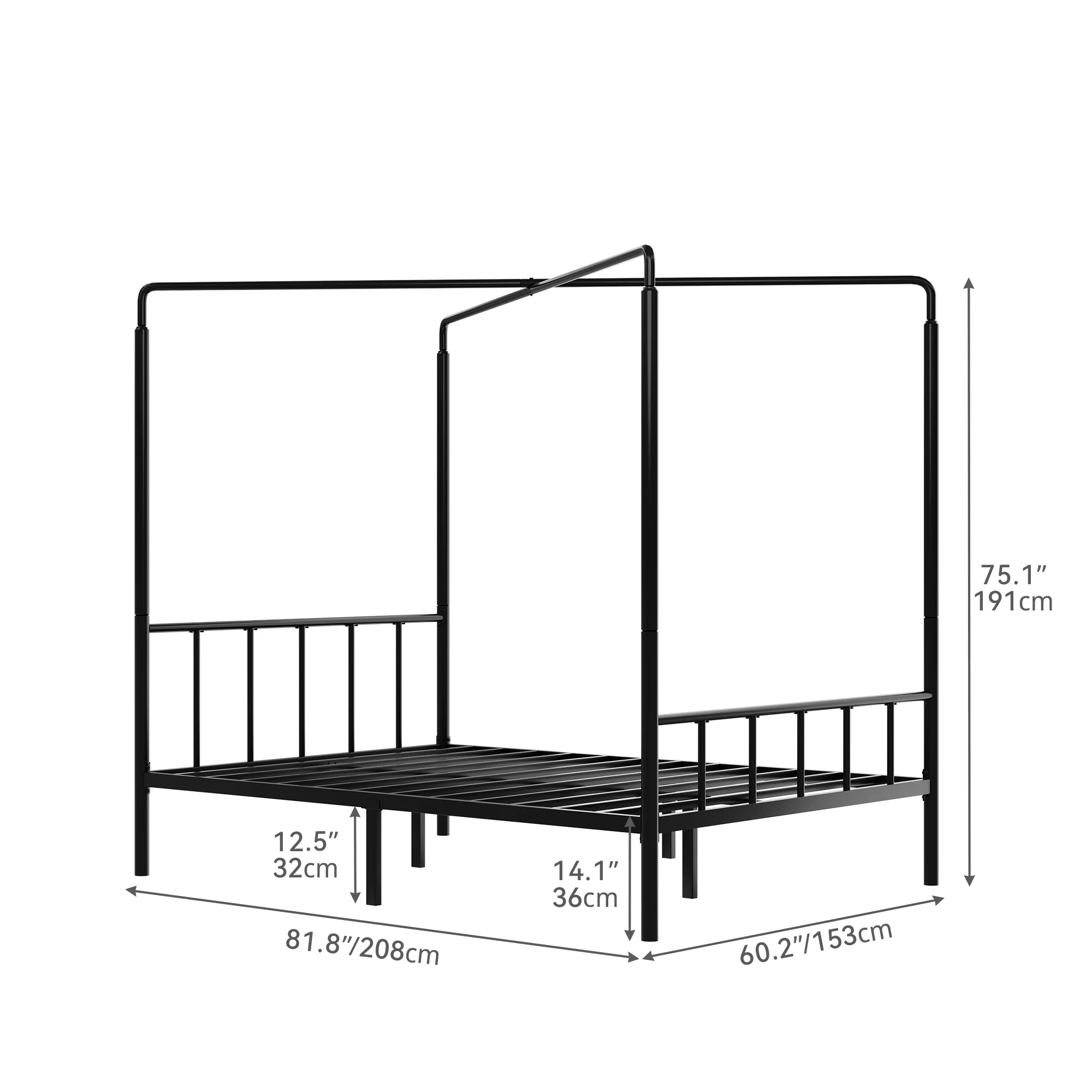 Dextrus Queen Size Canopy Bed Frame, Metal Four Poster Platform Bed Frame with Underbed Storage Space, Headboard & Footboard, No Box Spring Needed - Black