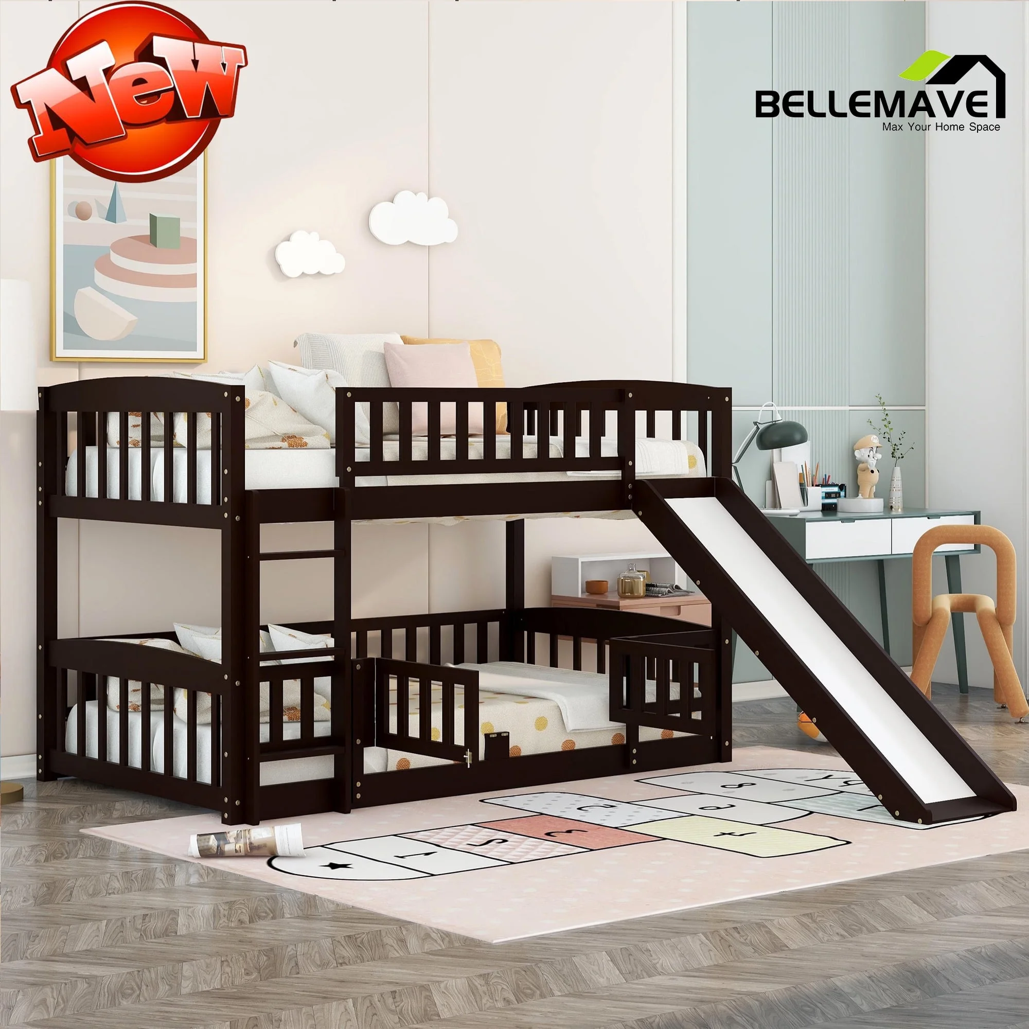 BELLEMAVE Kids Bunk Bed Twin over Twin/Toddler Bunk Beds, Twin Bunk Bed with Slide, Ldder, Door Openable Fence, Low Bunk Bed for Toddler, Kids(Espresso)