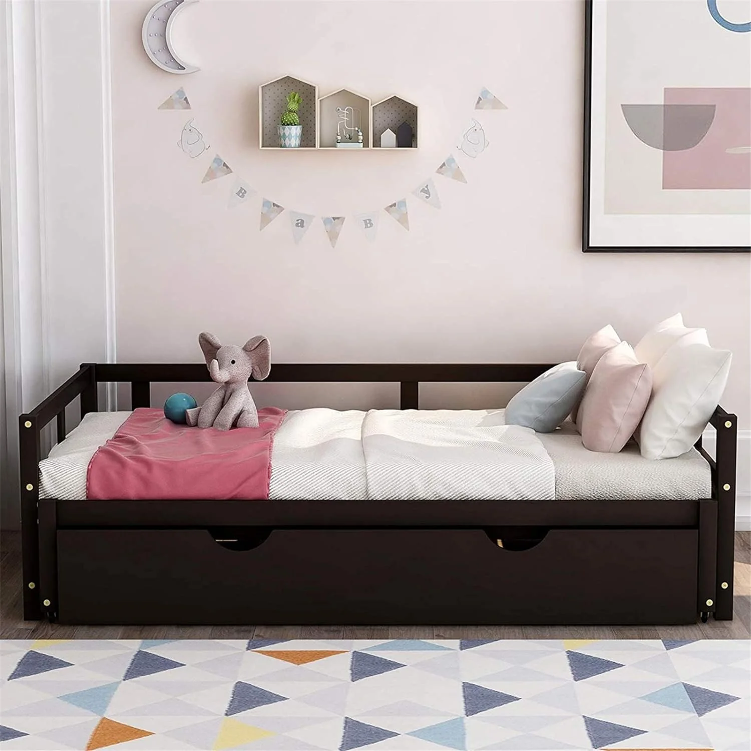 Daybed With Trundle, To King Trundle Bed Extendable Design, Wooden Daybed/Sofa Bed For Bedroom Living Room,No Box Spring Needed,Espresso