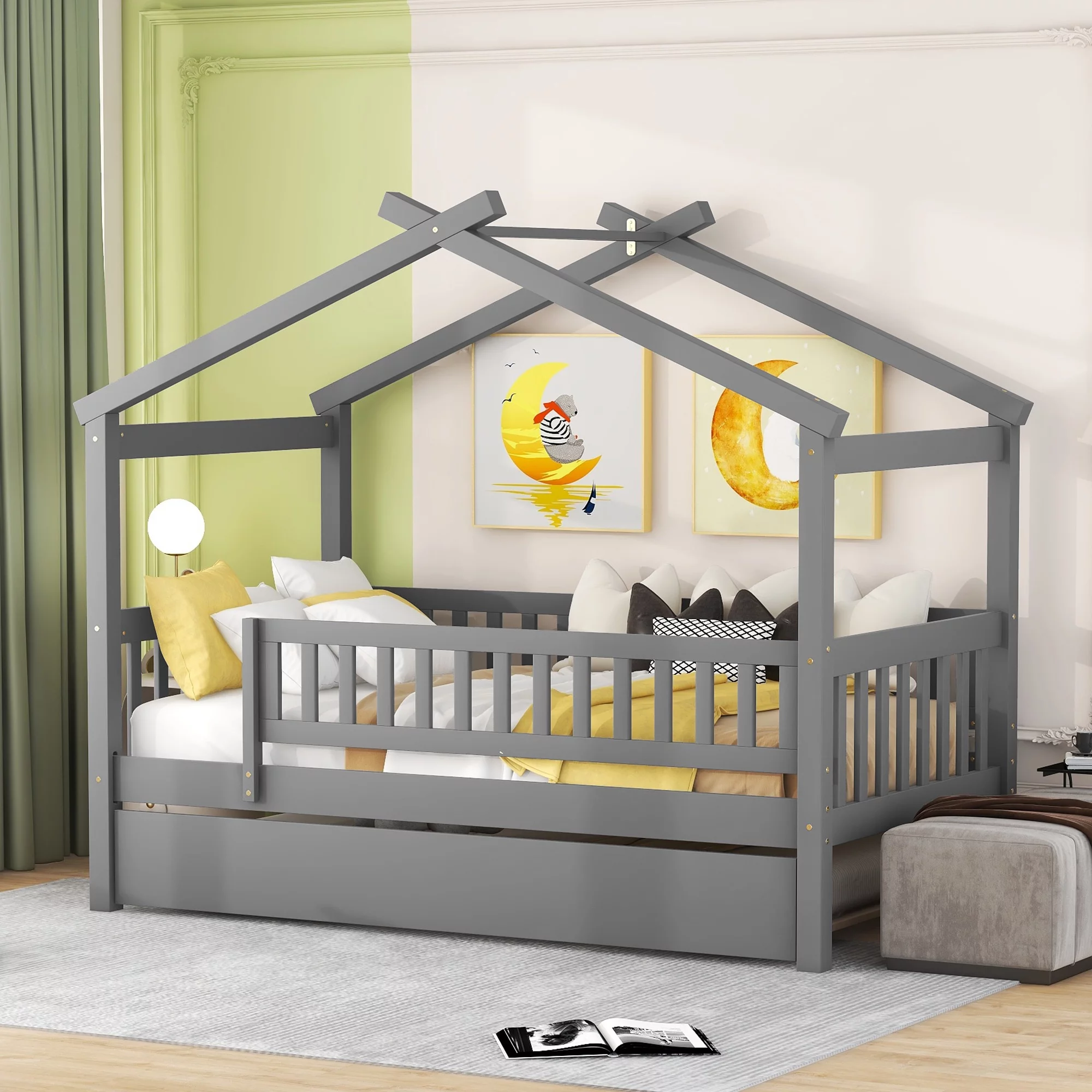 iRerts Twin Size House Bed with Twin Size Trundle, Wooden Twin Platform Bed Frame for Kids Boys Girls, House Platform Bed frame Twin Size with Slats, Kids Twin Bed Frame No Box Spring Needed, Gray