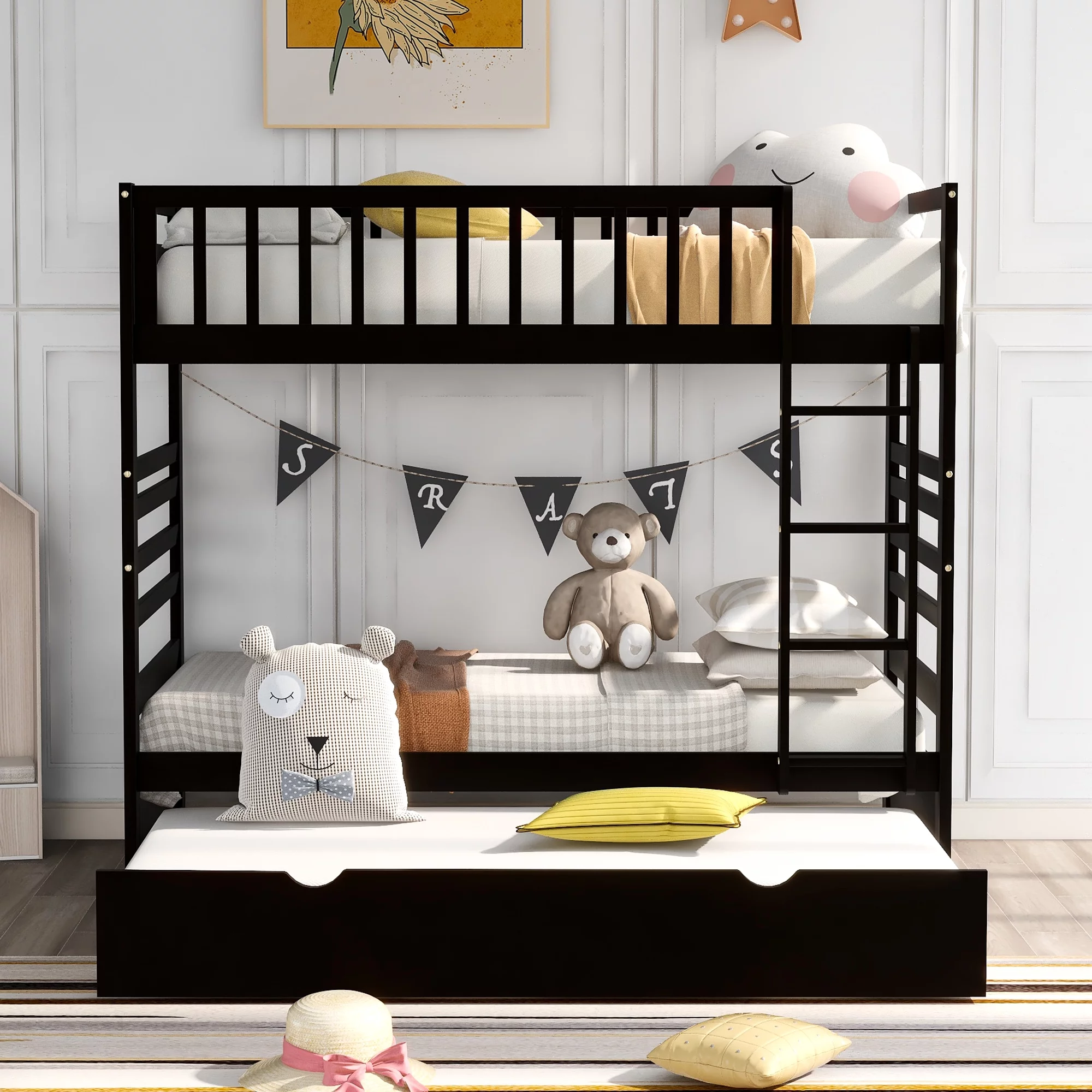 Twin Over Twin Bunk Beds with Safety Rail and Movable Trundle Bed Twin Over Twin Pull-Out Bunk Beds, Solid Wood No Box Spring Needed