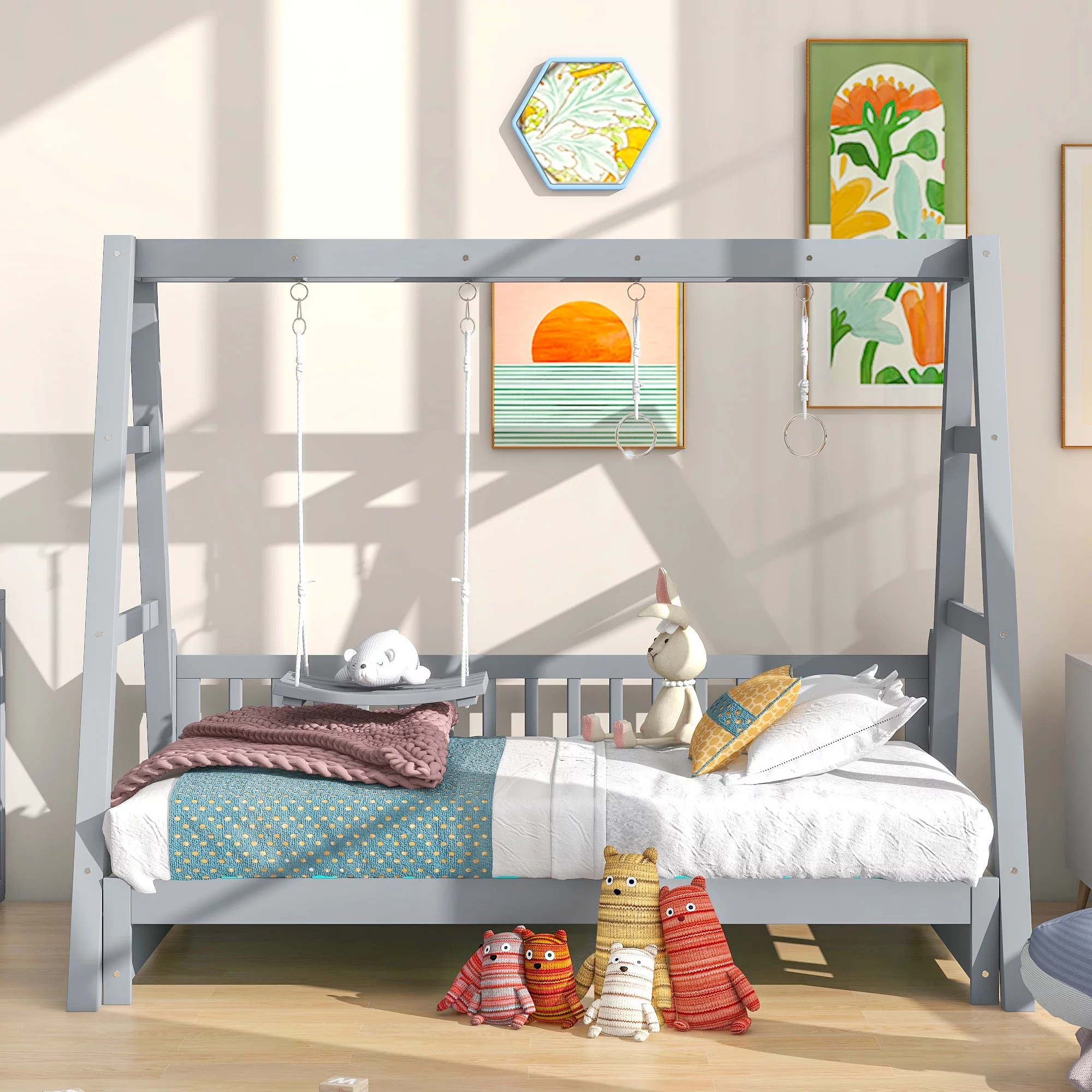 Nestfair Gray Extendable Twin Daybed with Swing and Ring Handles