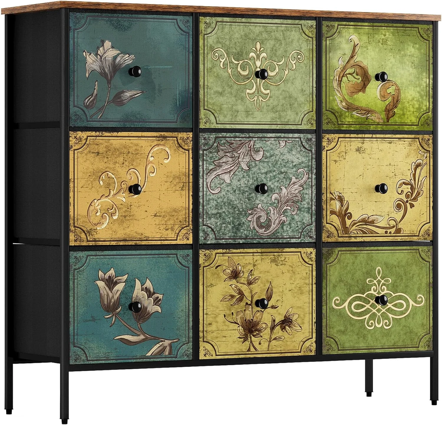 Drawer Dresser with 9 Fabric Drawers, Dresser Storage Organizer for Bedroom,Closet,Nursery,Living Room,Wide Storage Tower Unit with Steel Frame,Chest of Drawer, Wooden Top, Rustic Pattern