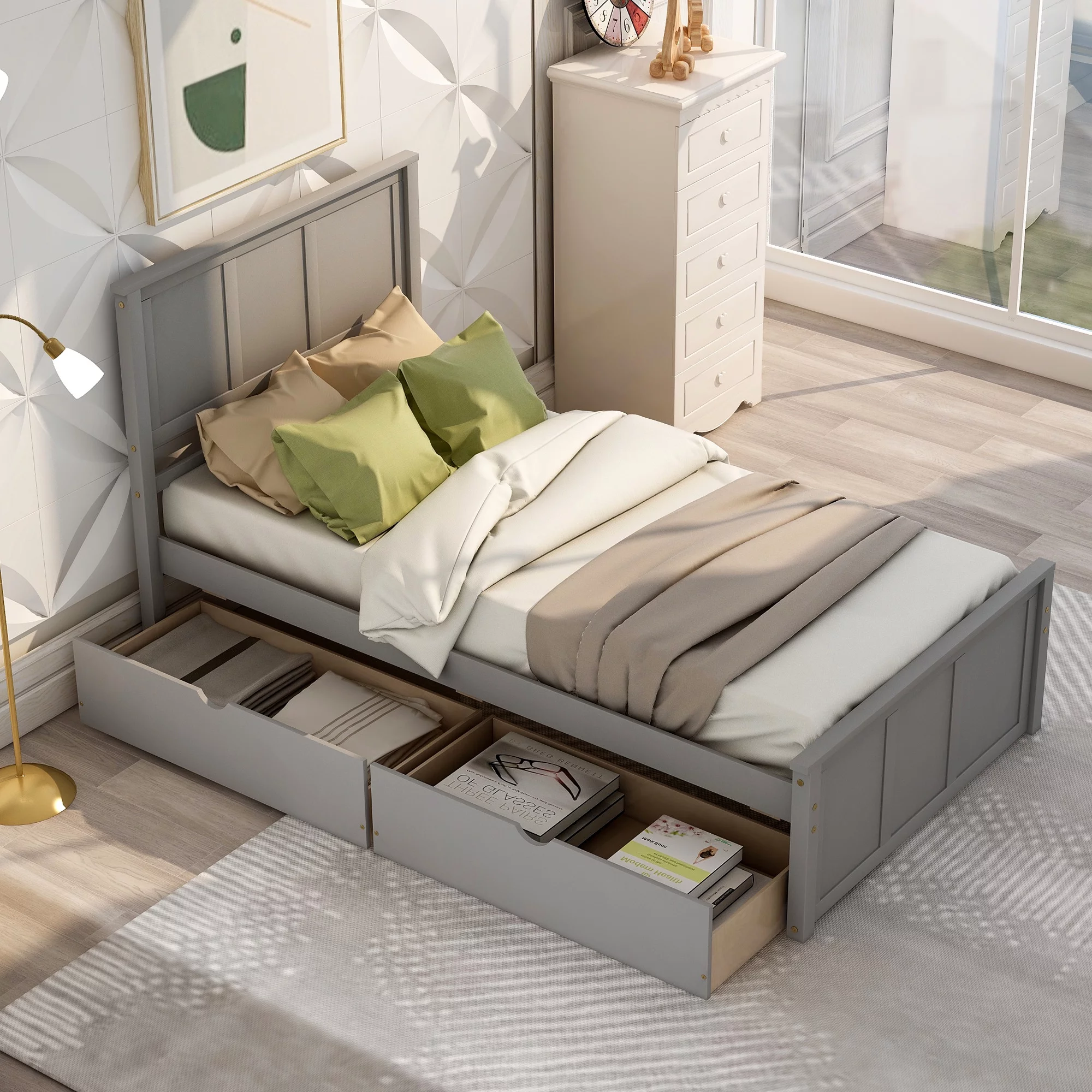 Platform Bed with Storage, Twin Size Bed Frame No Box Spring Needed, Wood Platform Beds with Headboard and Two Drawers, Modern Single Bed Bedroom Furniture