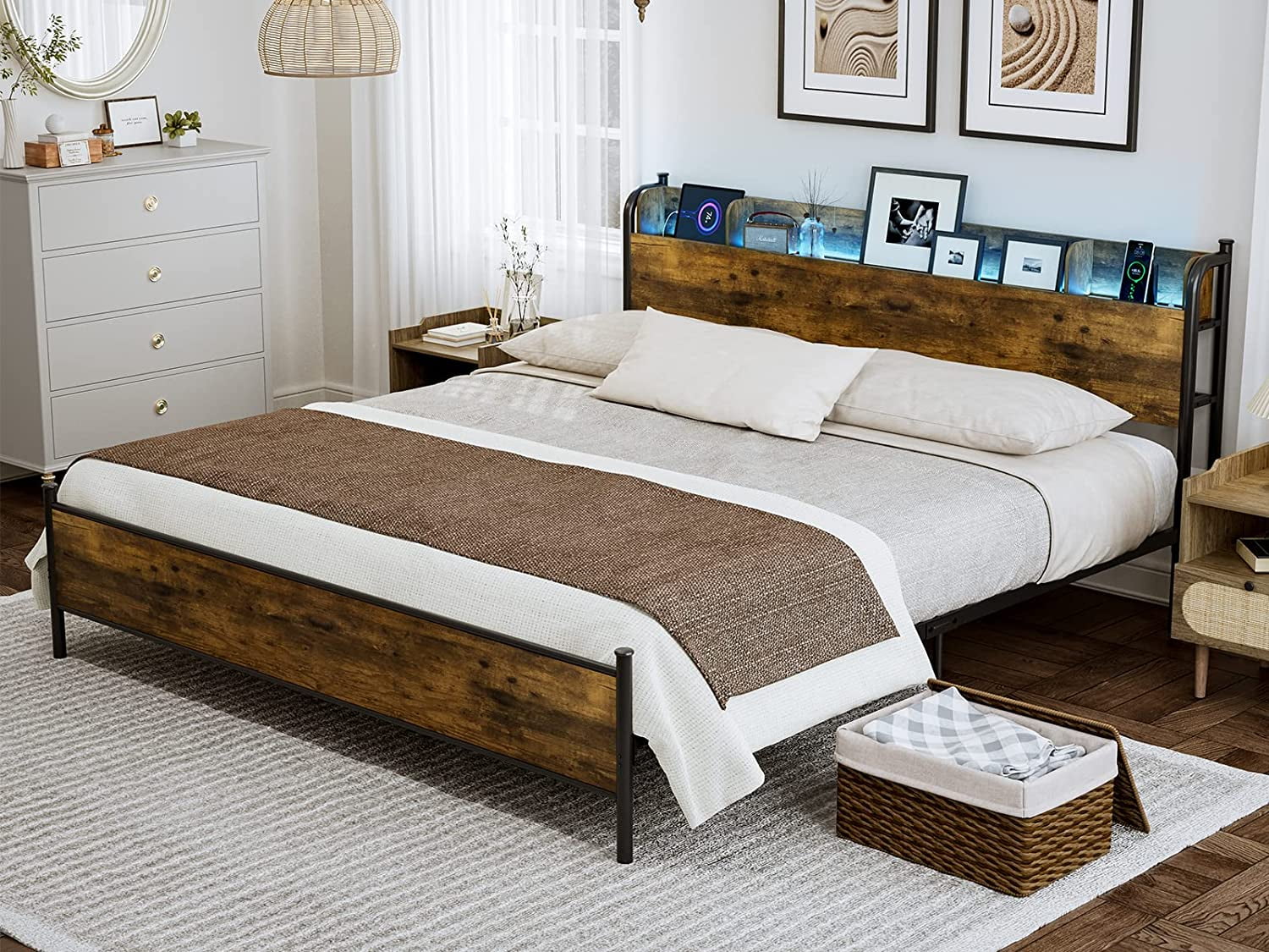 IKIFLY California King Bed Frame with Storage Shelf Headboard & 2 USB Ports - Industrial Metal and Wood Cal King Platform Bed with LED Lights, No Noise, No Box Spring Needed - Rustic Brown