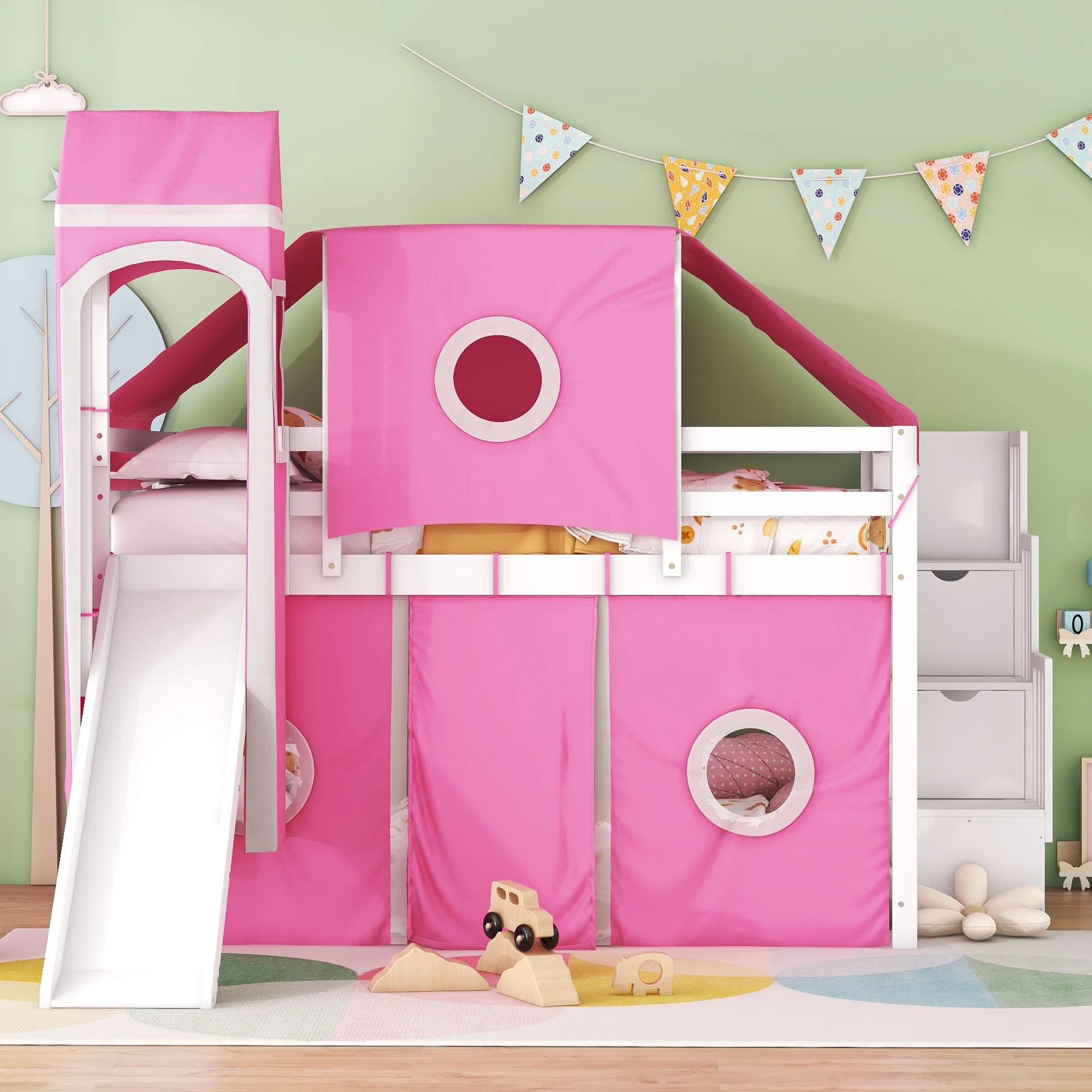 Bellemave Full Size Low Loft Bed with Slide and Curtains, Solid Wood Princess Castle Bed with Storage Staircase, Tent Bed Frame with Tower for Kids Teens Boys Girls (Full,Pink+White)
