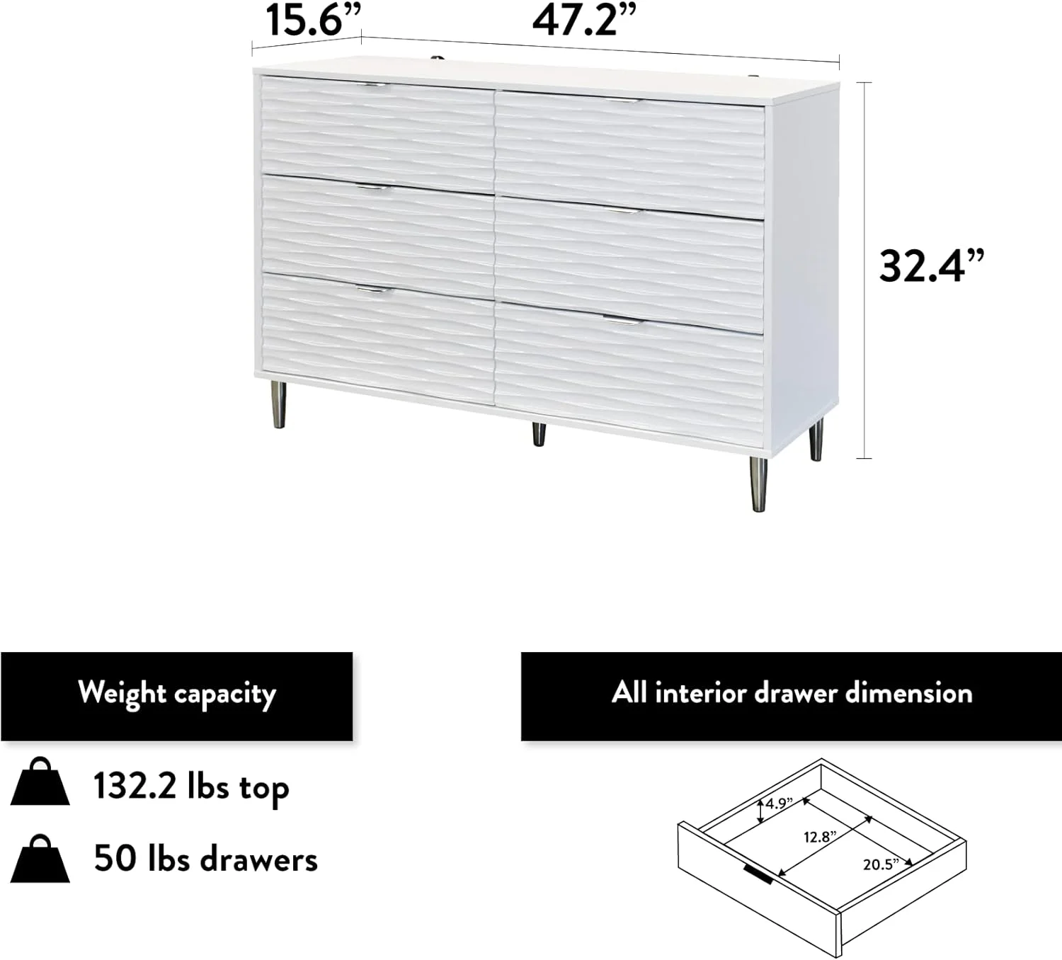 Taden Century Modern 6 Drawer Dresser In White - Stylish Bedroom Furniture With Metal Handle Pulls, Wide Storage Organizer Chest For Bedroom, Living Room, Nursery, And Hallway