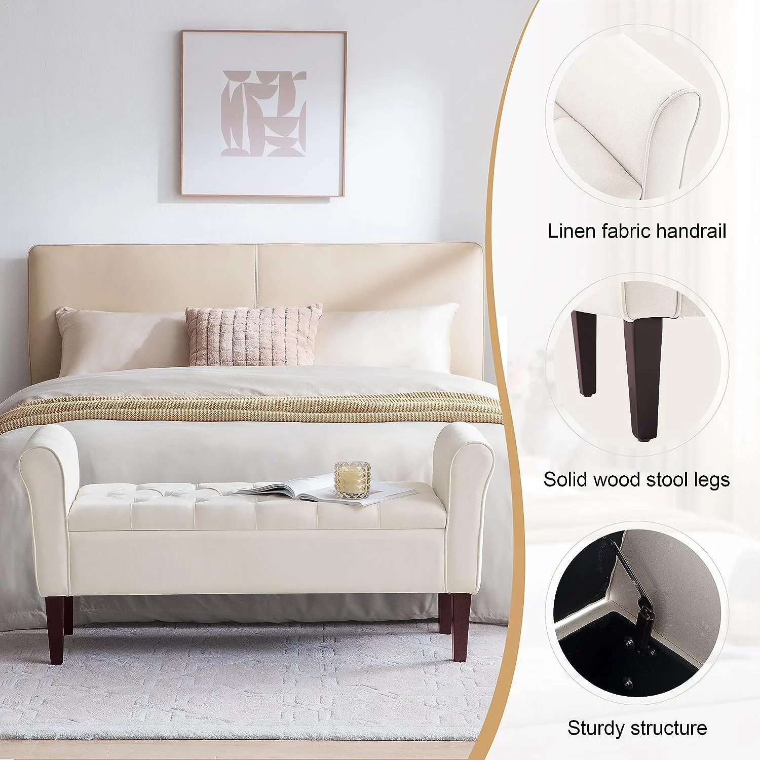 HUIMO Storage Bench for Bedroom End of Bed Bench Rolled Armed Linen Fabric Ottoman Couch Long Bench Entryway Bench with Storage,Window Bench, Beige