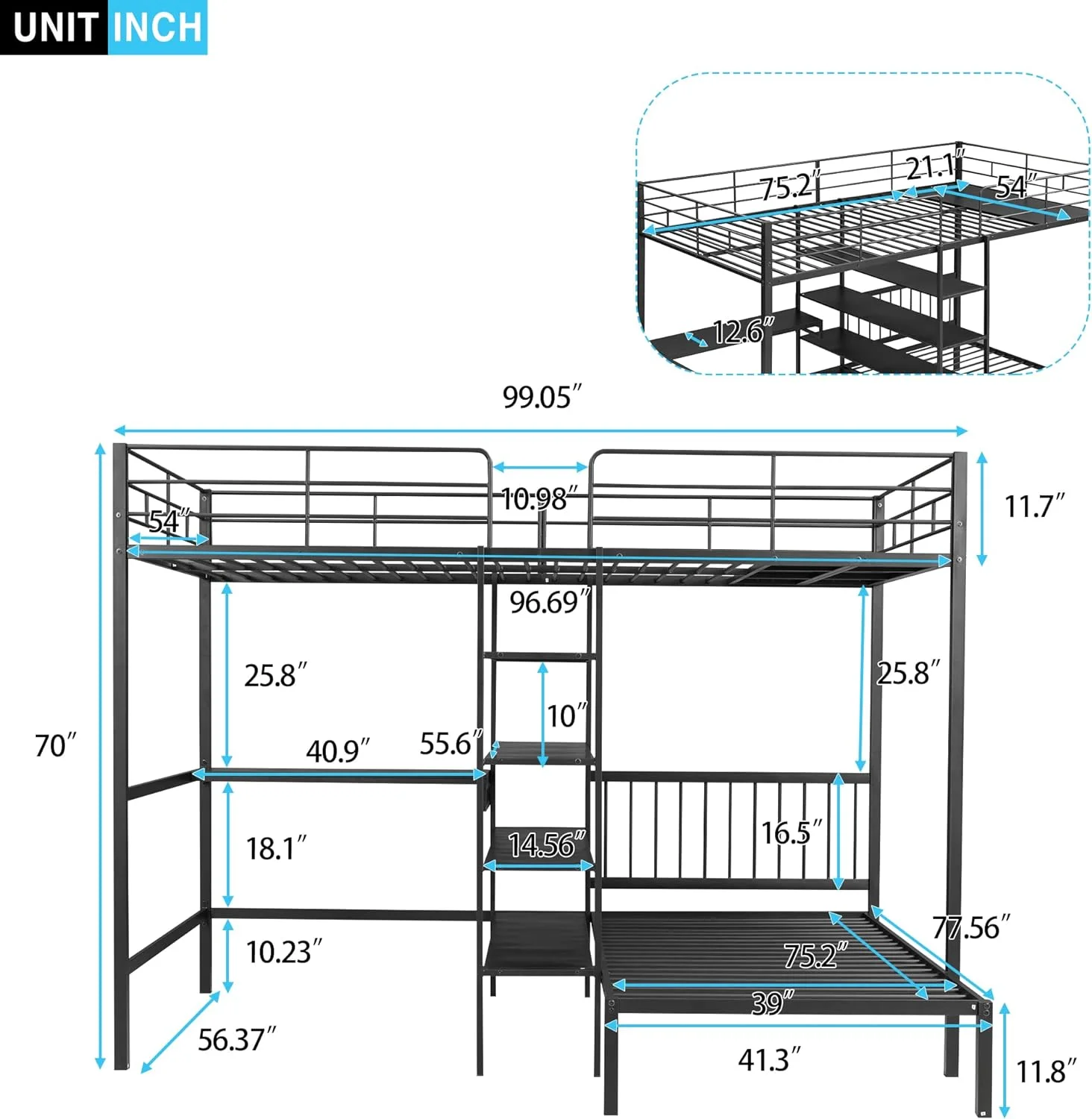 Full Over Metal Bunk Bed With Built-In Desk And Storage Shelves, Modern Style Heavy-Duty Steel Frame Bunk Bed With Safety Rail, Built-In Ladder For Bedroom, Dorm (Black)