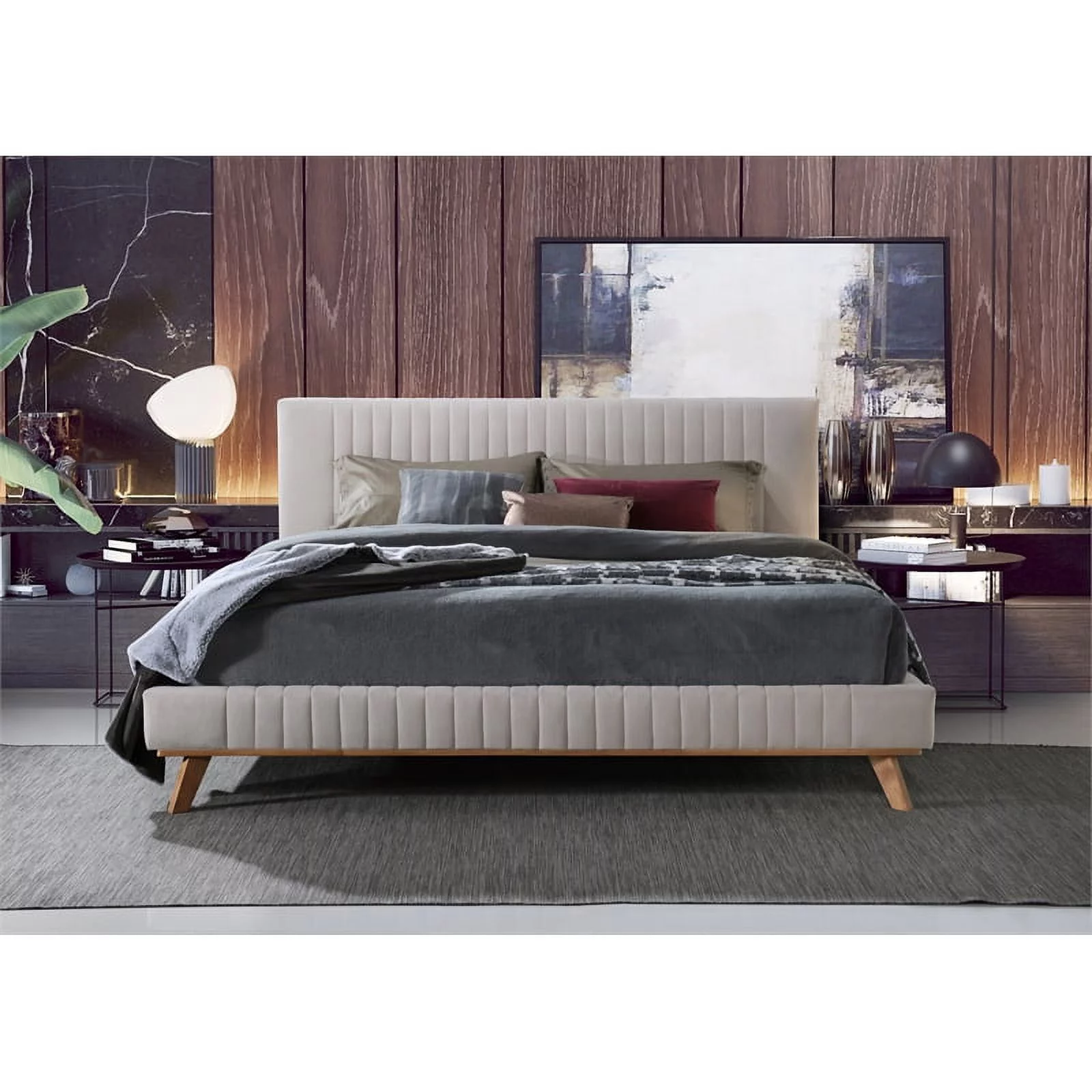 Omax Decor Sven Wood and Fabric Upholstered King Platform Bed in Taupe Gray