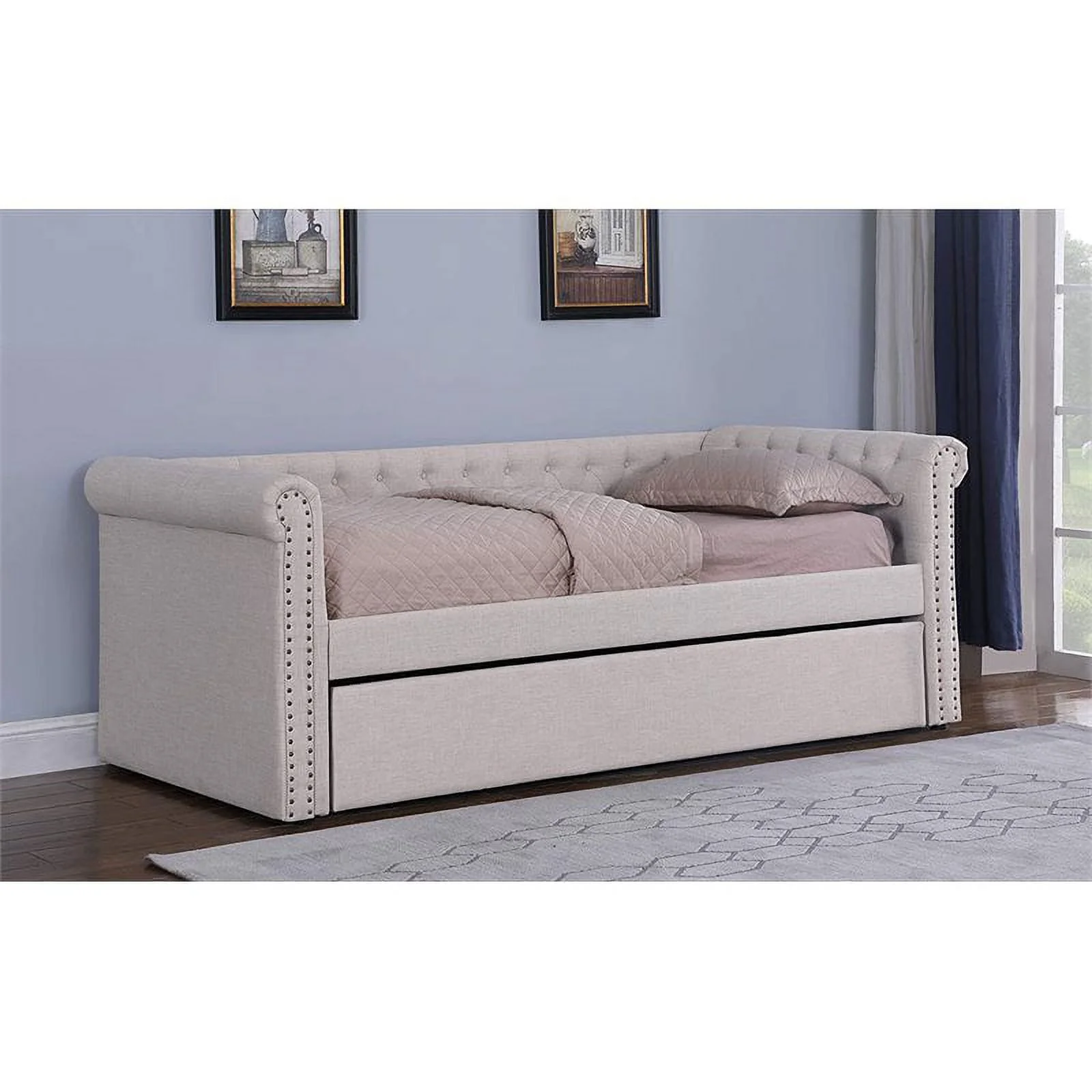 Bowery Hill Transitional Fabric Tufted Daybed with Trundle in Beige