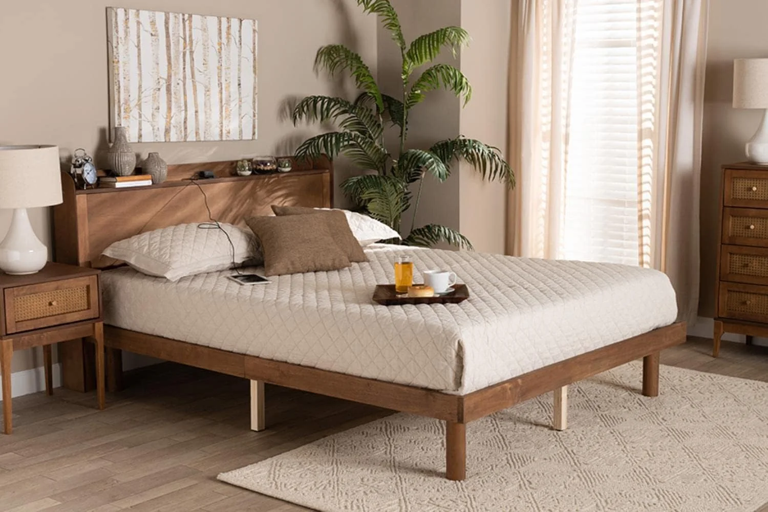 Decker Brown Wood Queen Size Platform Bed With Charging Station