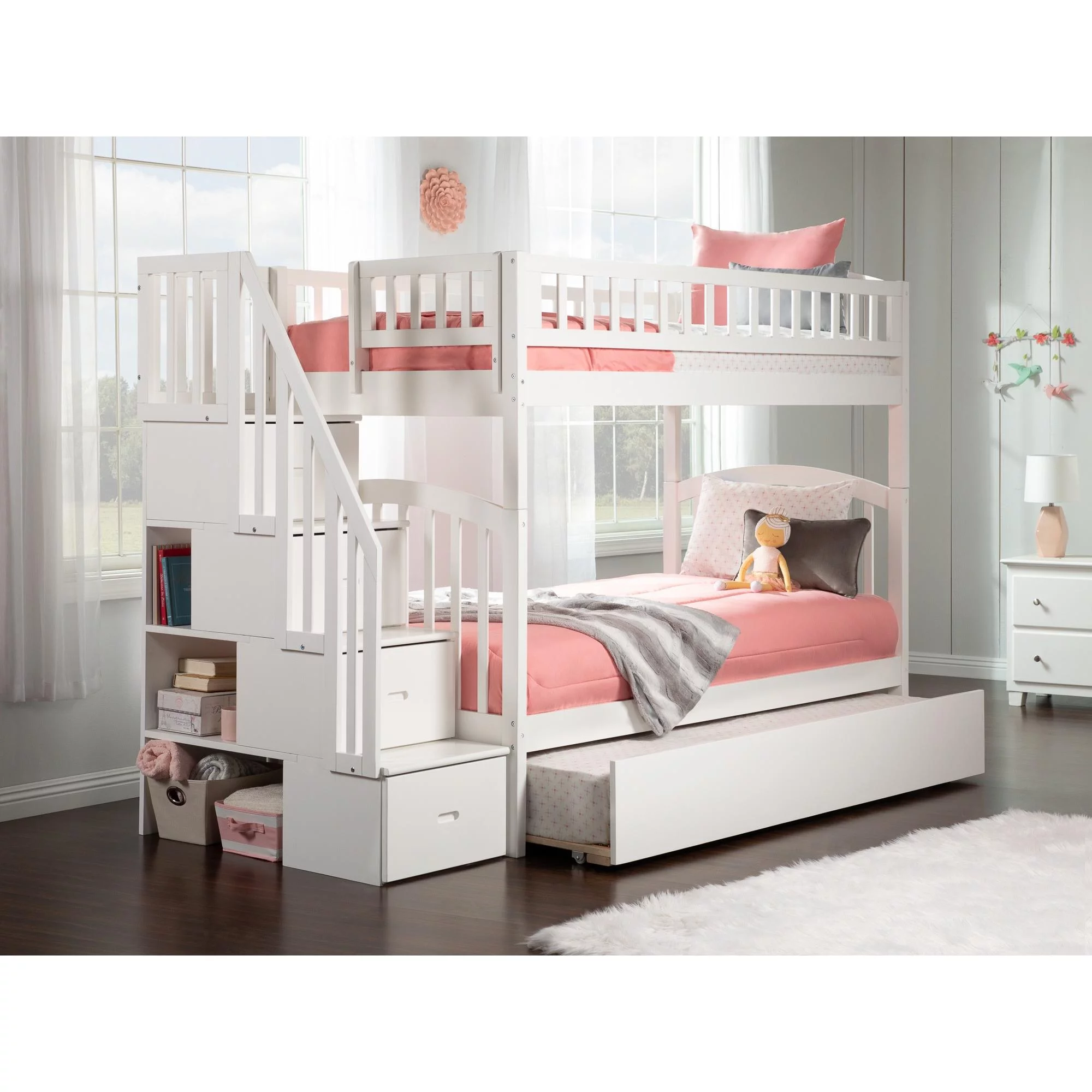 Westbrook Staircase Bunk Twin over Twin with Twin Size Urban Trundle Bed in White