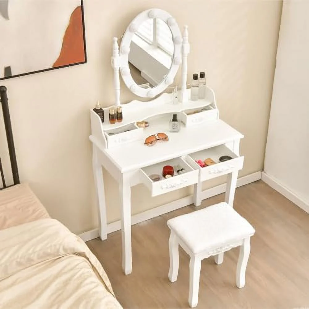 HBBOOMLIFE Vanity Set with Lighted Mirror  Makeup Table with 10 Rose Light  Modern Dressing Desk with Cushioned Stool  3 Drawers and ° Rotating Mirror for Bedroom  Vanity Table with Stoo