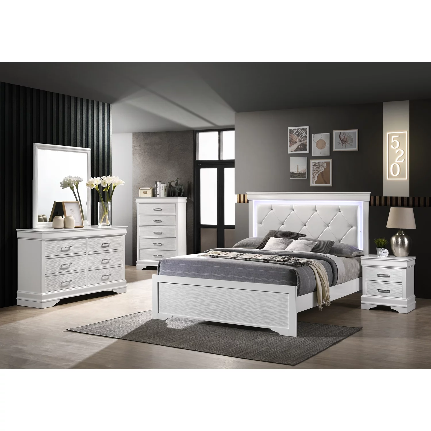 Brooklyn King 4 Piece LED Bedroom set made with Wood in White