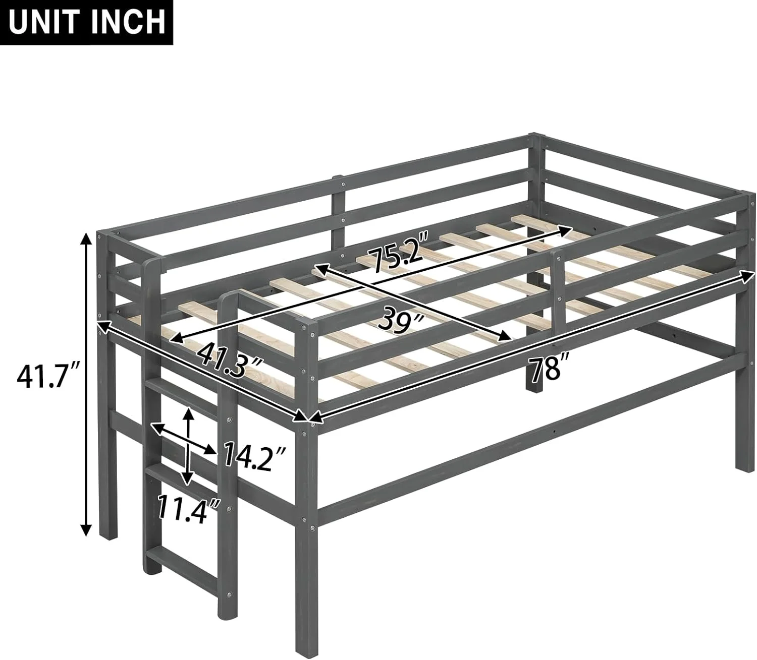 Wood Loft Bed With Uder-Bed Play Space,Kids Low Bed Frame ,Space Savig/o Box Sprig eeded/Guardrail/Ladder/Easy Assemble