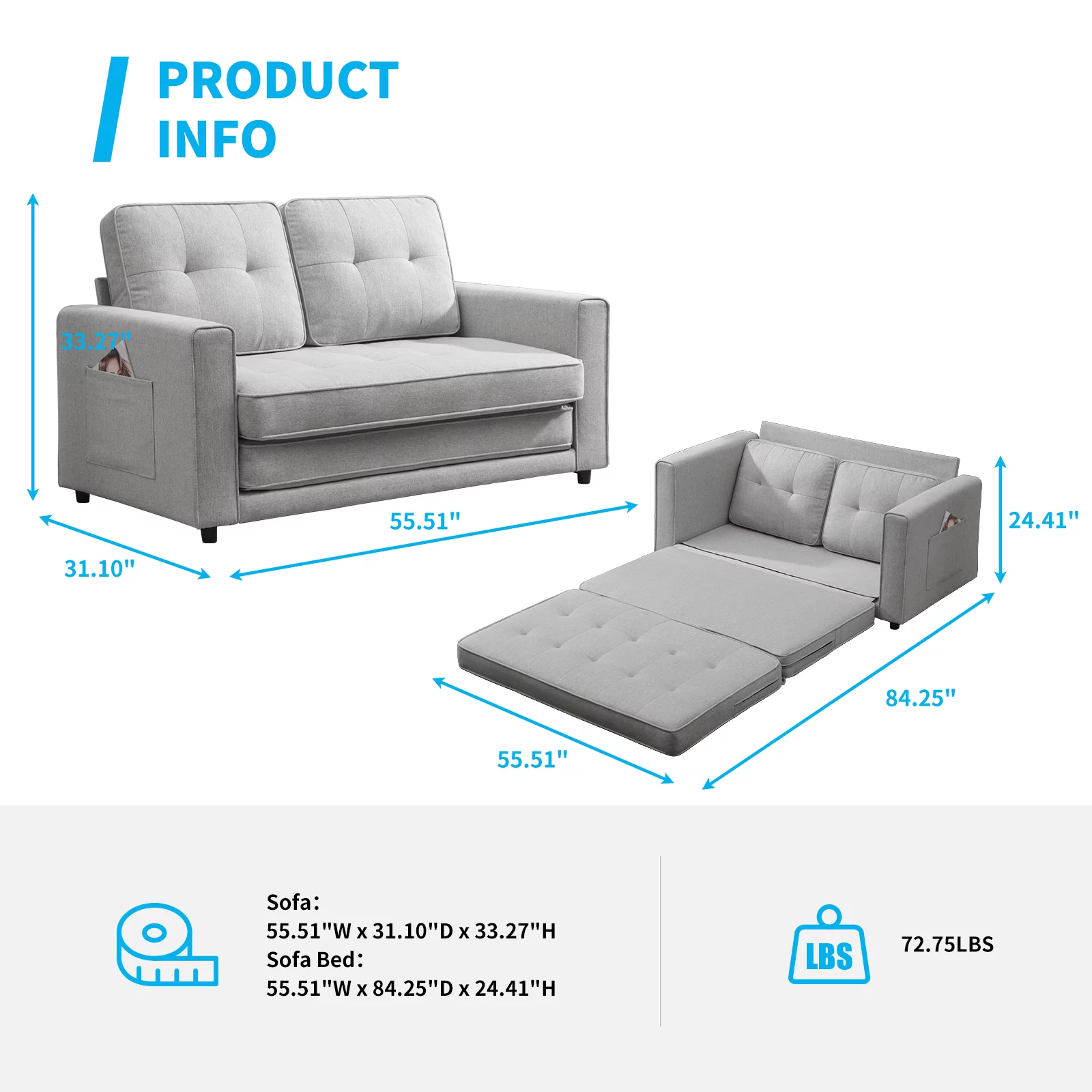 Mjkone Convertible Sofa Bed, Upholstered Loveseat Couch,Futon loveseat sleeper, Linen Fabric and High Density Couch, Pull out futon sofa bed, Furniture for Living Room, Apartment, Light Grey