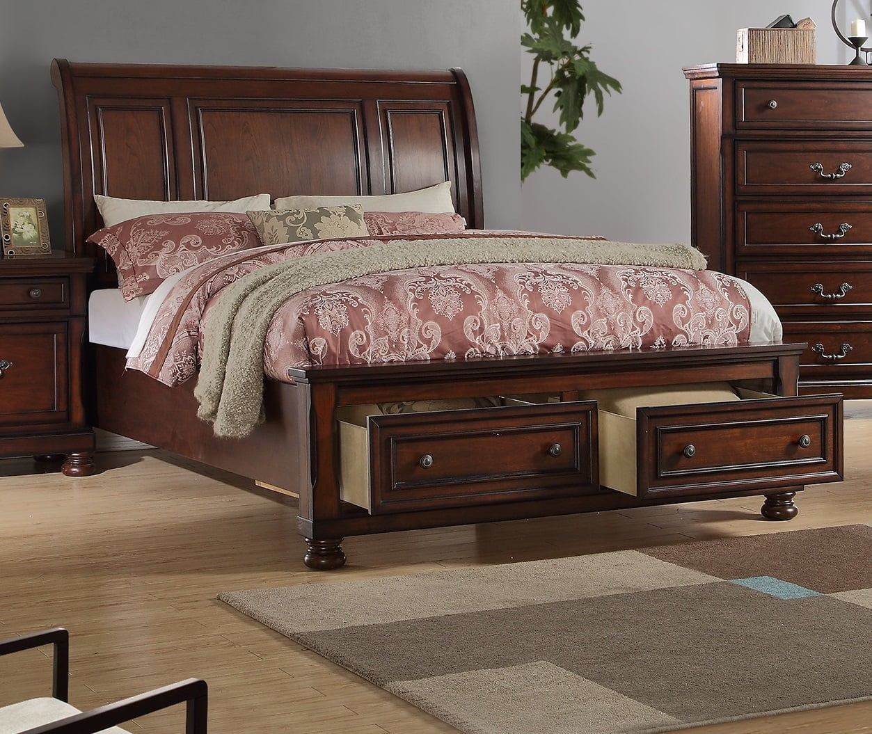 Antique Sleigh HB Storage FB Bed Bedroom Cherry Veneer Wooden 1pc California King Size Bed MDF Pine Formal Bedframe