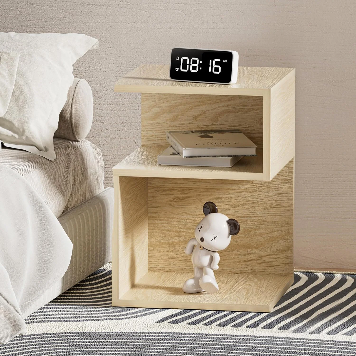 Minimalist 3-Tier Wood Mirror Nightstand for Small Spaces with Open Storage - Japanese-Inspired Bedside Table for Bedroom