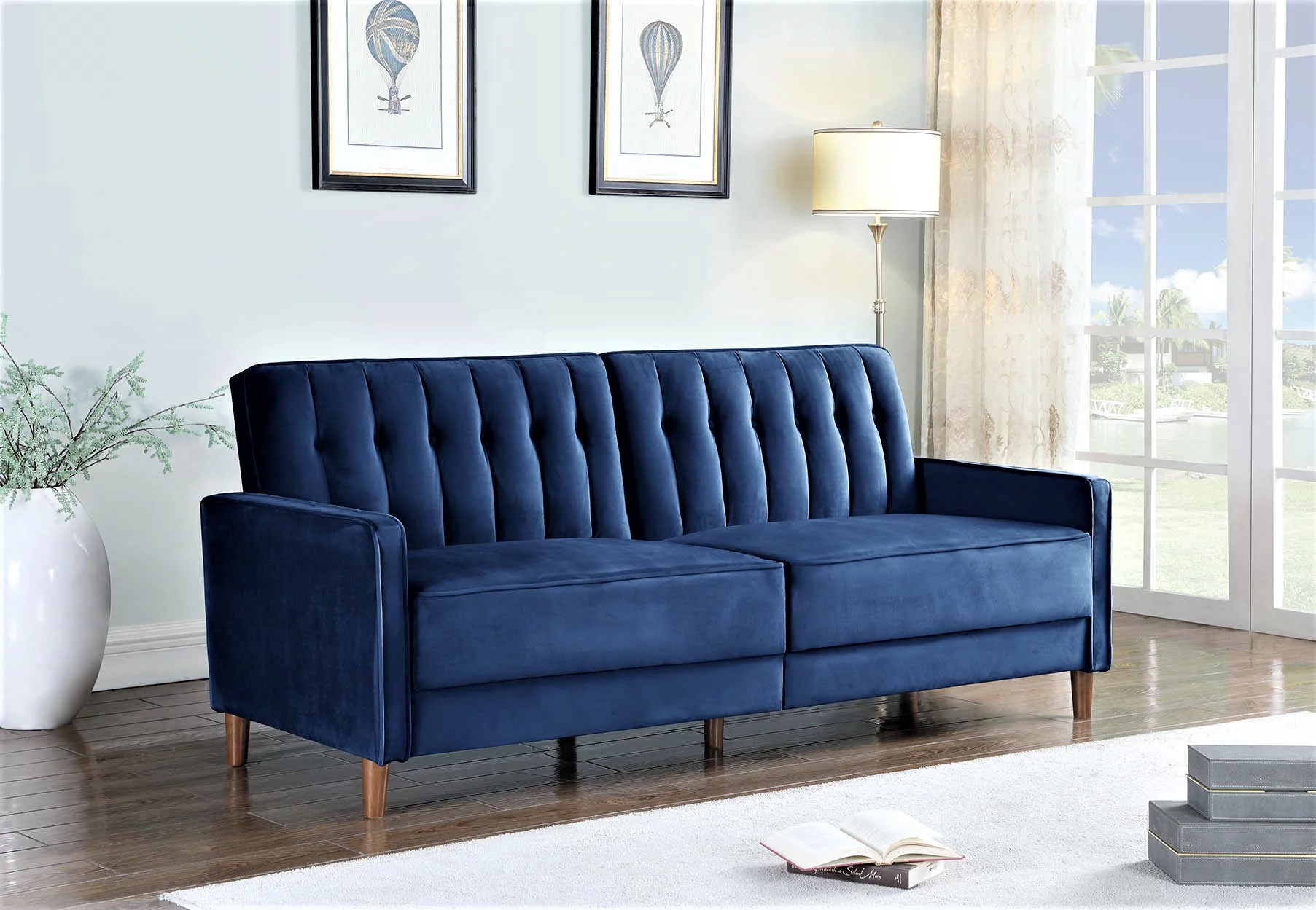 Uspridefurniture Cornell 81'' Velvet Square Arm Sleeper,Blue