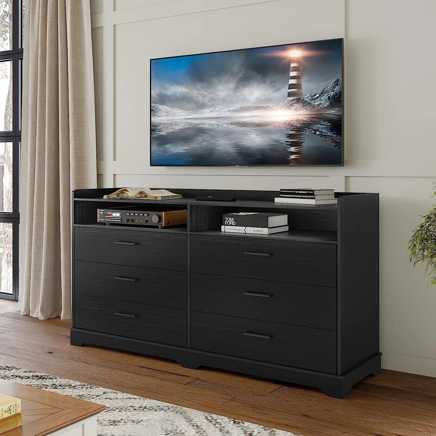 Popular 6 Drawers Dresser Modern Storage Tower Dressers & Chests of Drawers and Open Cubby Large Clothing Organizer for Bedroom