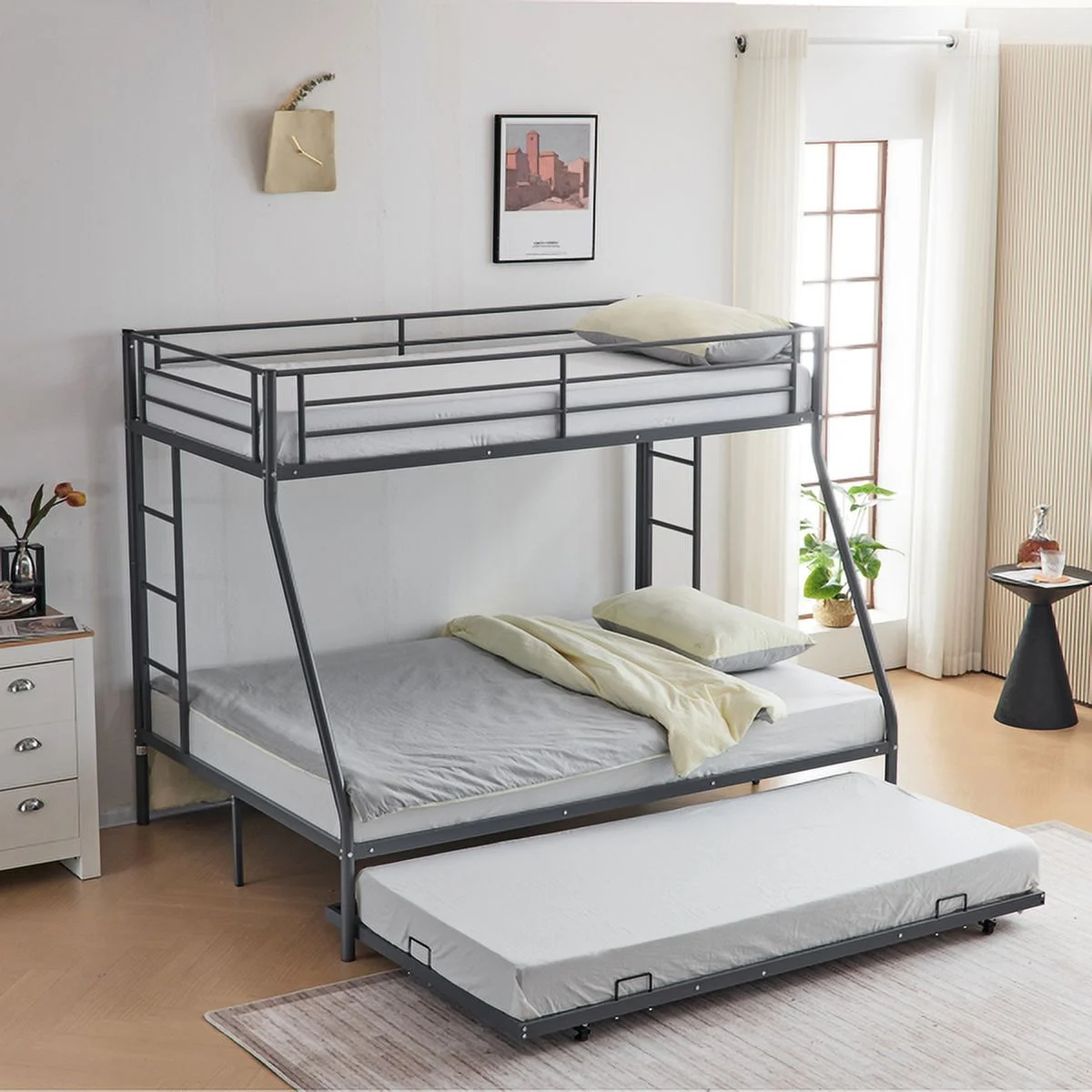 Fithood Twin Over Full Bunk Bed with Trundle, Triple Bunk Beds for Kids Teens Adults, Metal Bunk Bed with Two Side Ladder and Guardrails, Grey