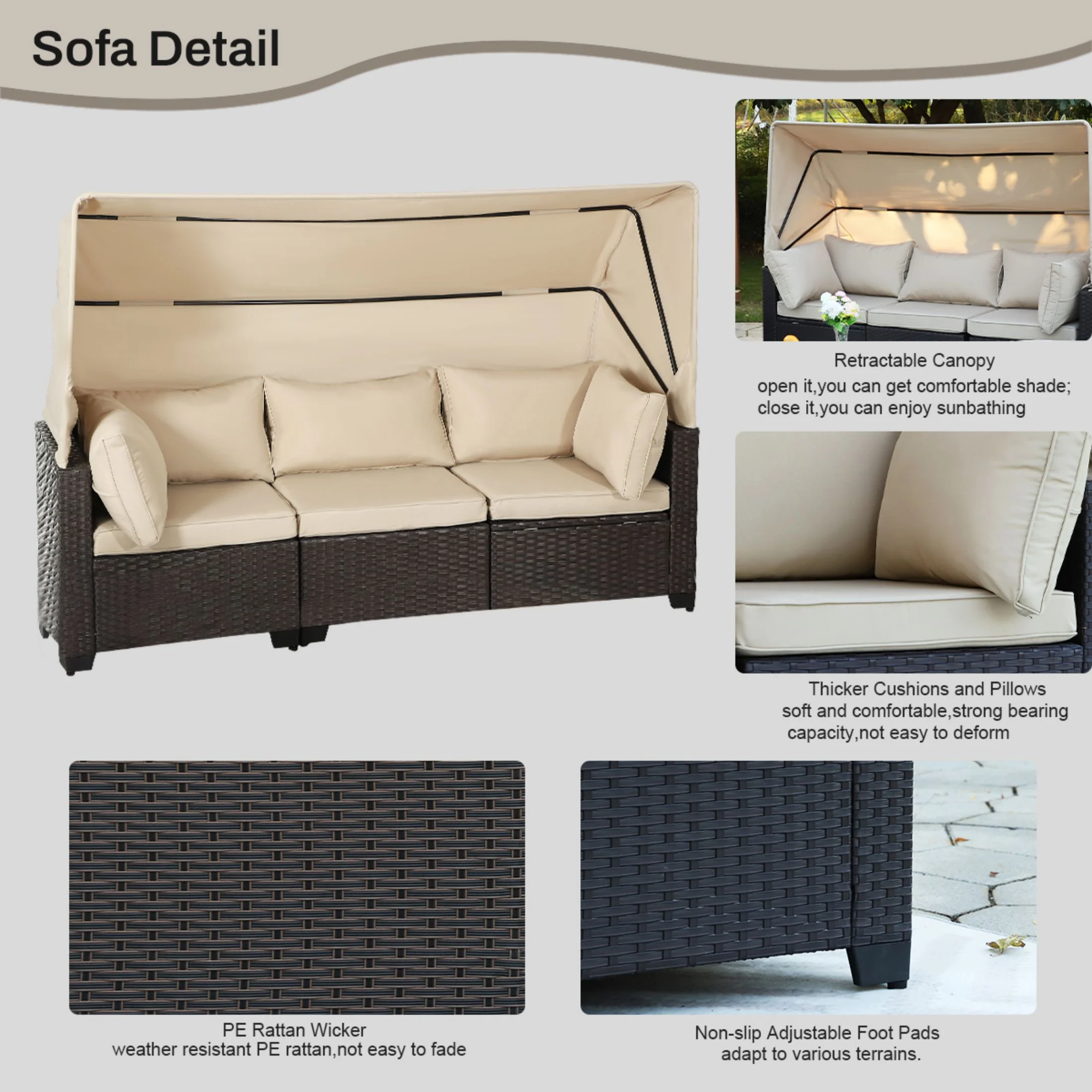 TPHORK 6 Piece Rattan Sectional Sofa Set,Patio Conversation Set,All-Weather Patio Daybed with Canopy