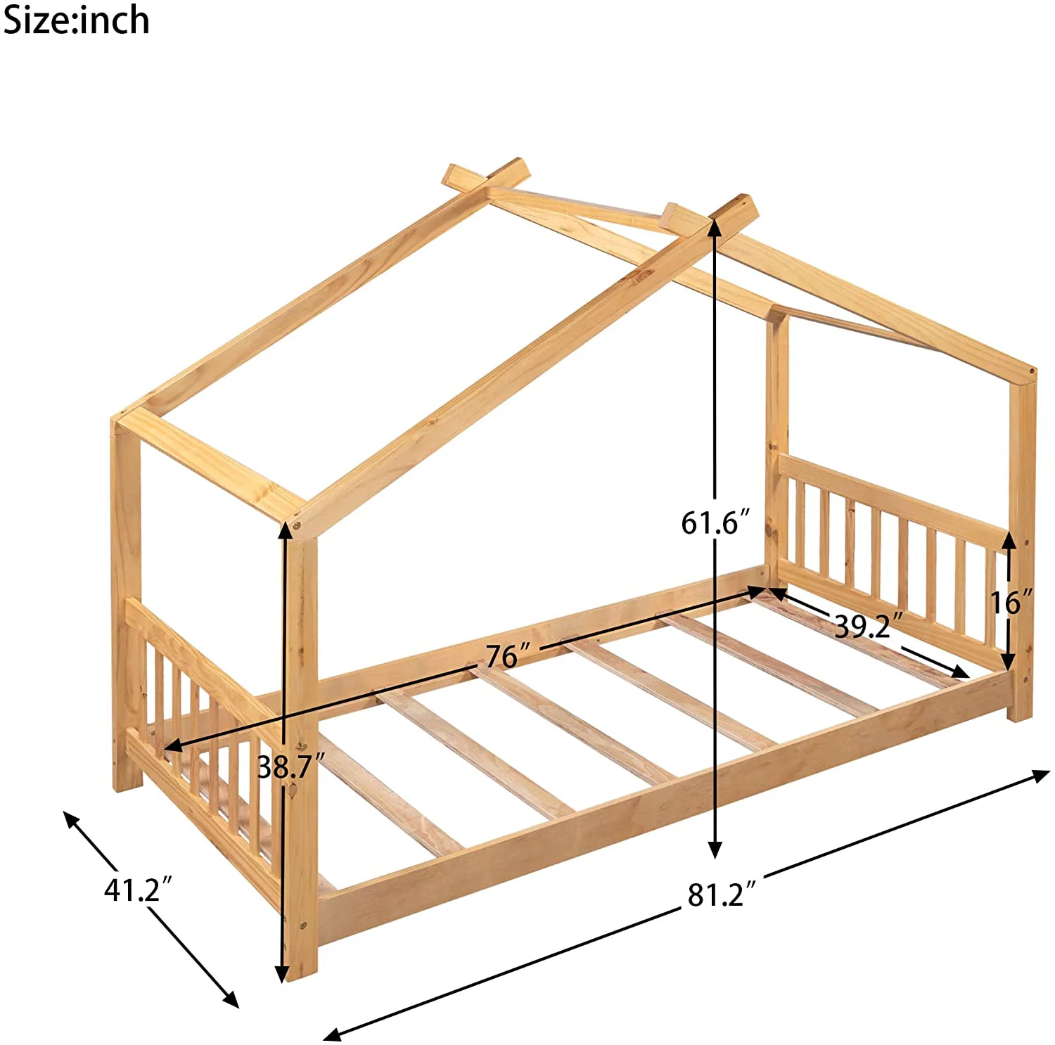 YINCHEN Twin Size Wood House Bed with Roof, Headboard and Footboard, No Box Spring Needed, Natural