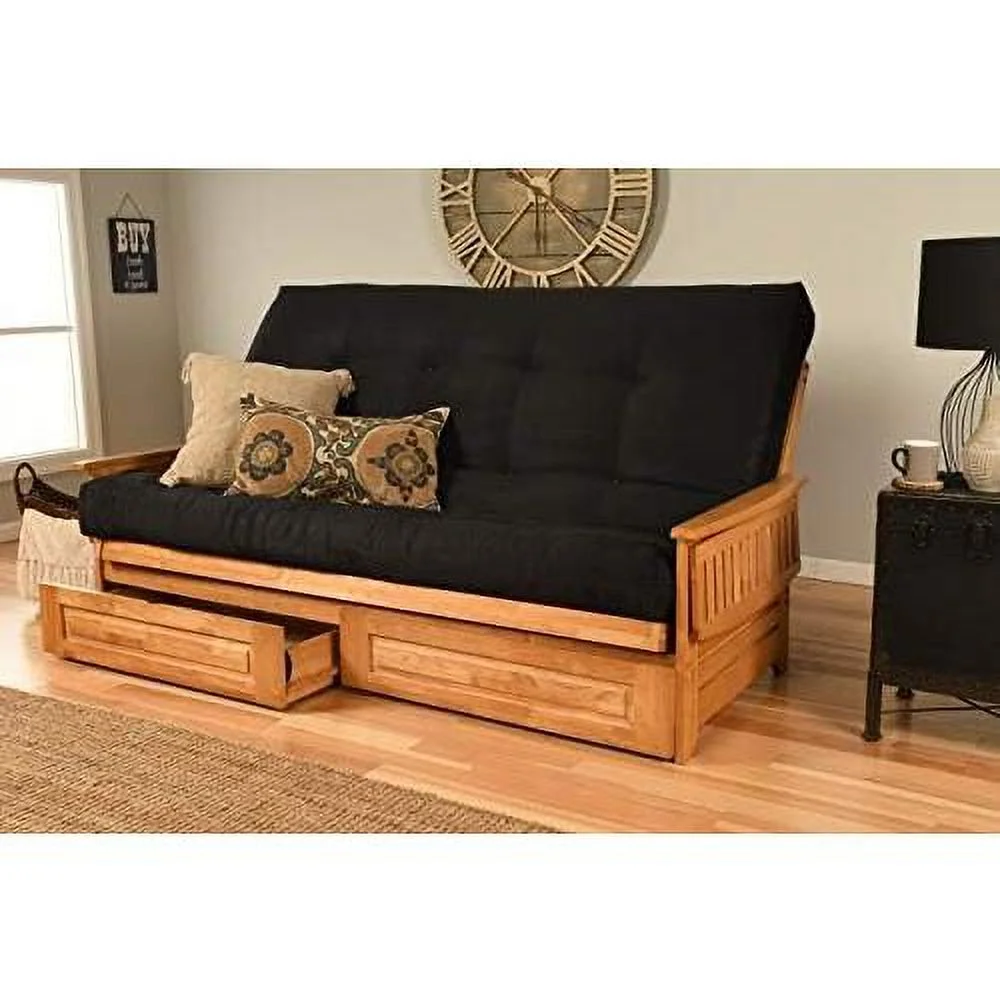 Queen Size Phoenix Wood Frame, Drawers And 8 Inch Mattress Set Brown Finish W/Folding Trays Living Room Or Den (Frame W/Black Mattress W/Drawers)