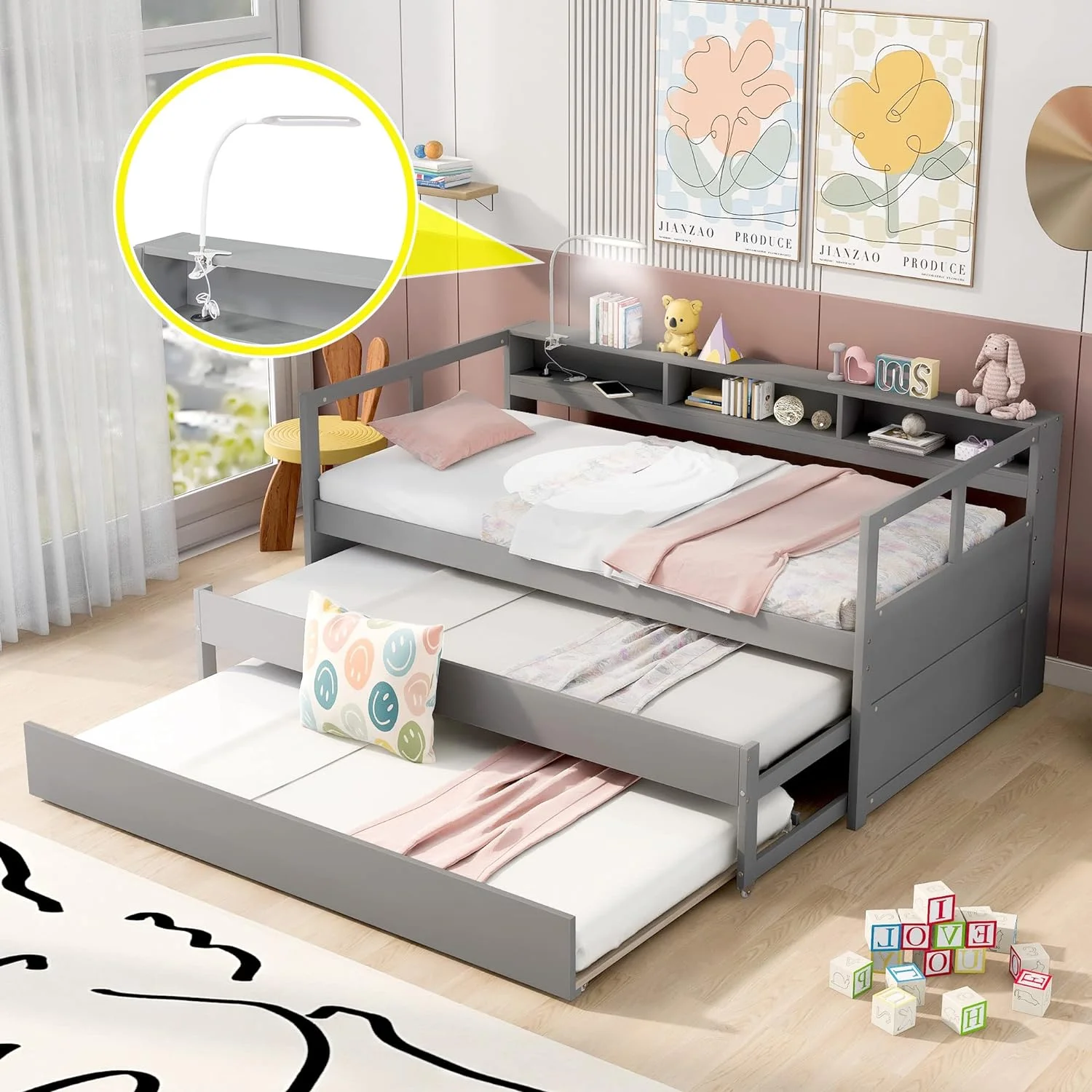 XL Daybed With 2 Trudles, 3 Storage Cubbies, Portable Light Ad USB Chargig Port, Solid Wood Sofa Bed Frame For Livig Room, Bedroom, Apartmet, Grey