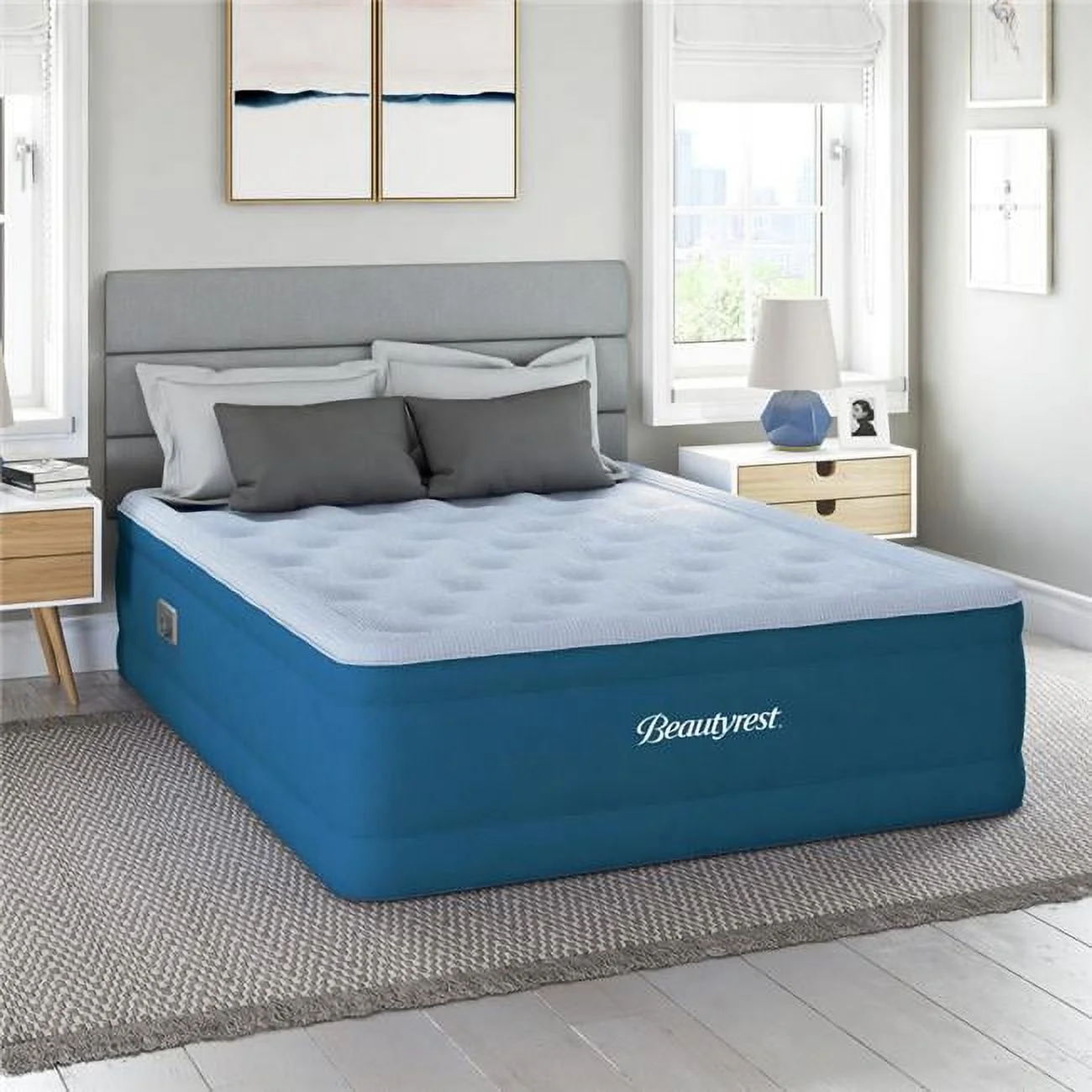 17 in. Beautyrest Comfort Plus Offset Coil Twin Size Air Mattress with Inset Pump, Gray & Blue