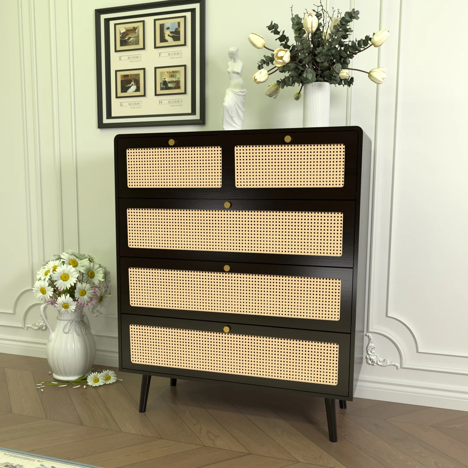 CoSoTower 4 Drawer Dresser, Modern Rattan Dresser Chest with Wide Drawers and Metal Handles, Farmhouse Wood Storage Chest of Drawers for Bedroom, Living Room, Hallway, Entryway