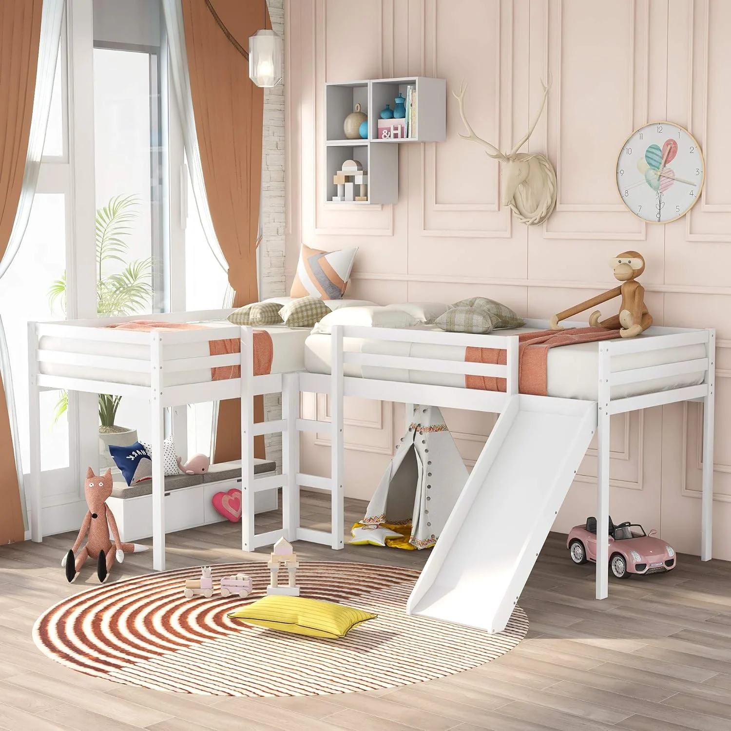 Loft Bed With Slide, Wooden Low Loft Beds For 2 Kids, Size Low Loft Bed With Built-In Ladders, White