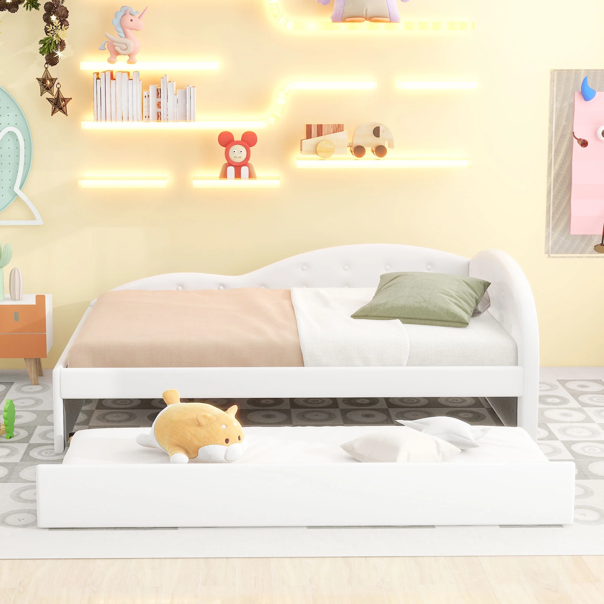 Euroco Full Size PU Upholstery Daybed, Tufted Sofa Bed with Trundle for Kids Room, White