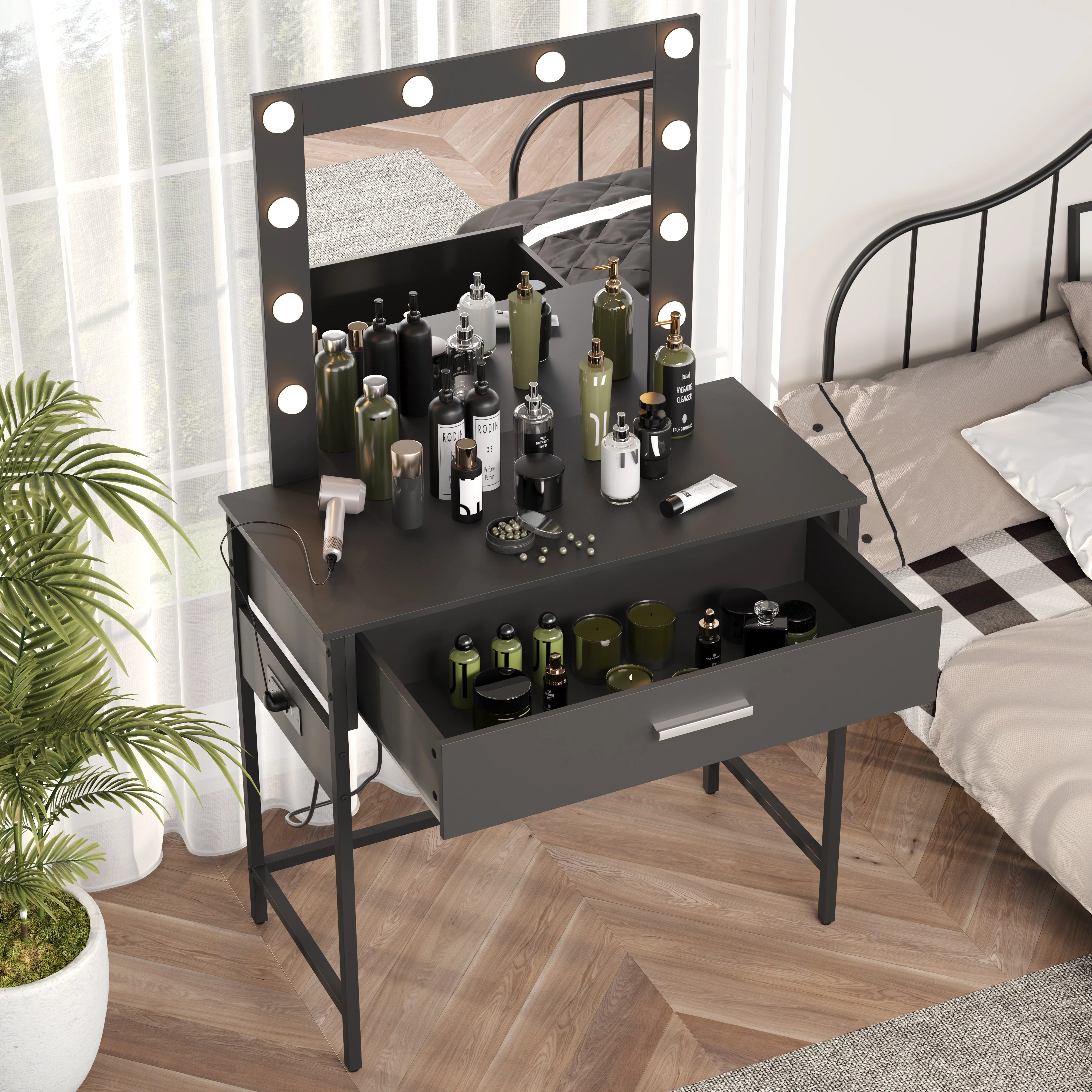 Vanity Table with Lighted Mirror, Makeup Vanity Dressing Table, Bedroom Makeup Desk with Charging Station, Black