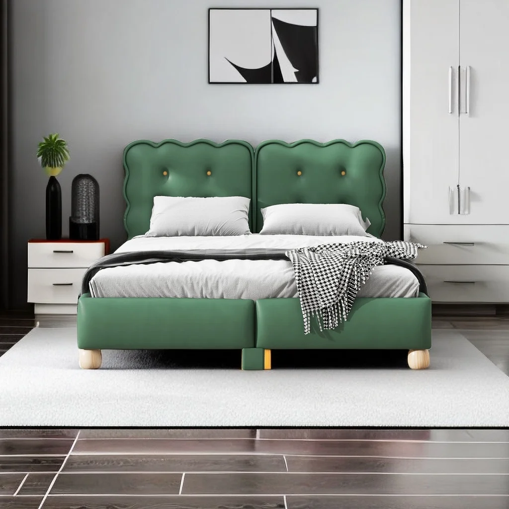 Queen Size Stylish Upholstered Platform Bed with Unique Headboard & Wooden Legs, Leather Bed Frame for Bedroom