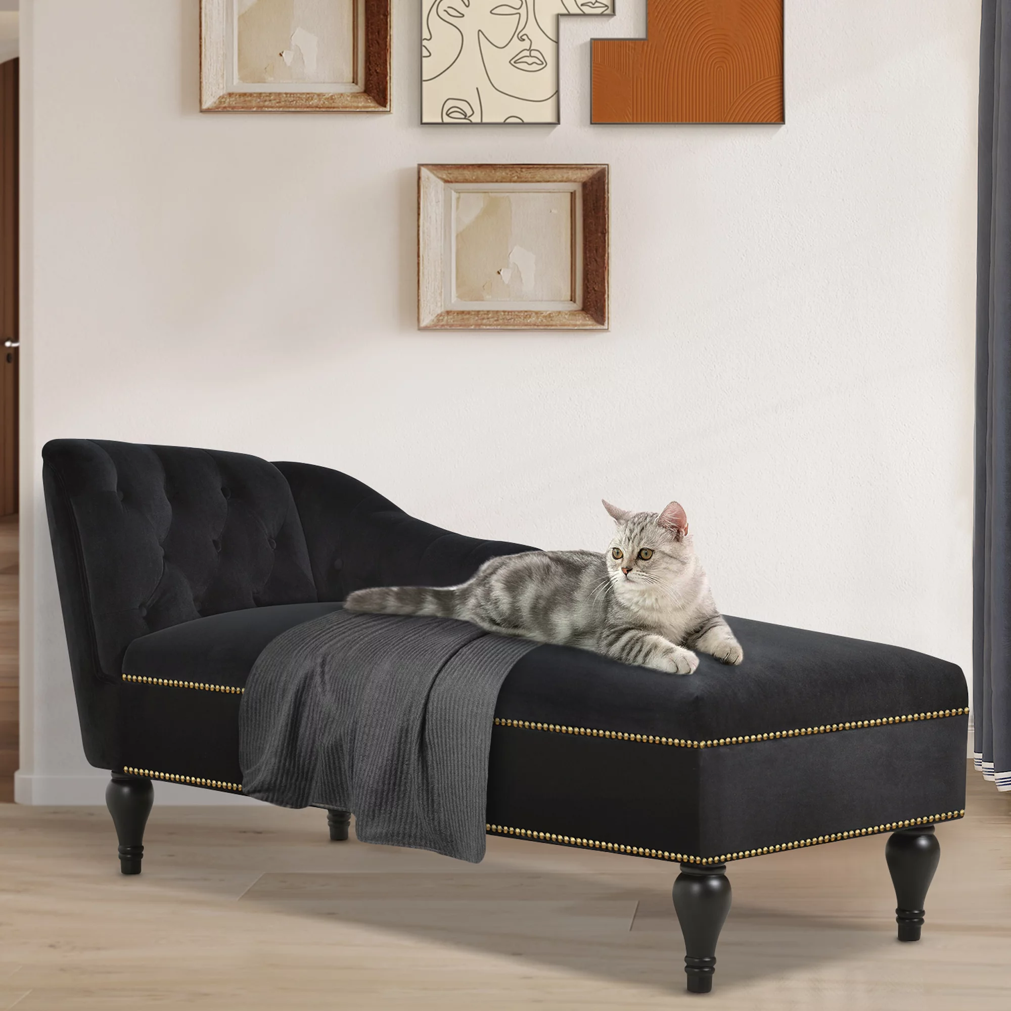 SYNGAR Modern Lounge Chaise Indoor, Leisure Sofa Accent Chair Sleeper Sofa Upholstered Couch, Button Tufted Aremrest and Comfotable Seat with Solid Wooden Legs, Black