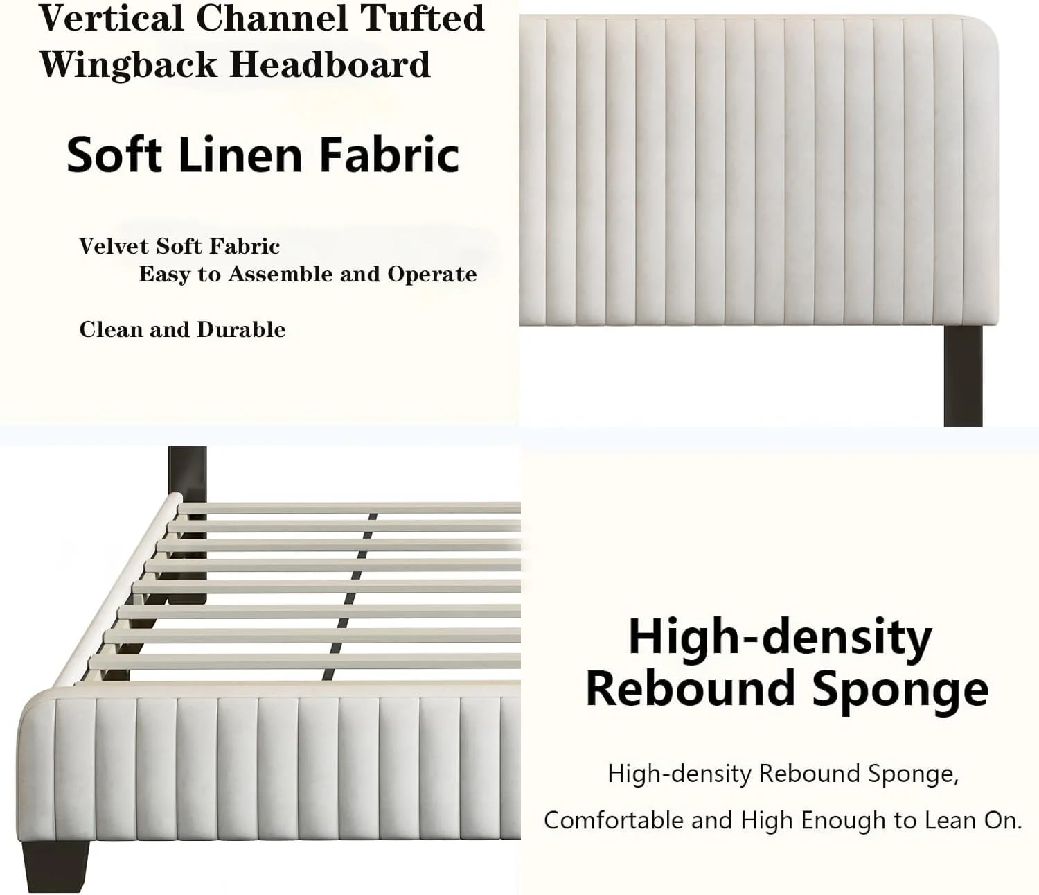 Full Size Bed Frame with Vertical Channel Tufted Wingback Headboard,Platform Upholstered in Velvet Fabric,Mattress Foundation Wooden Slats & Metal Support,Easy Assembly