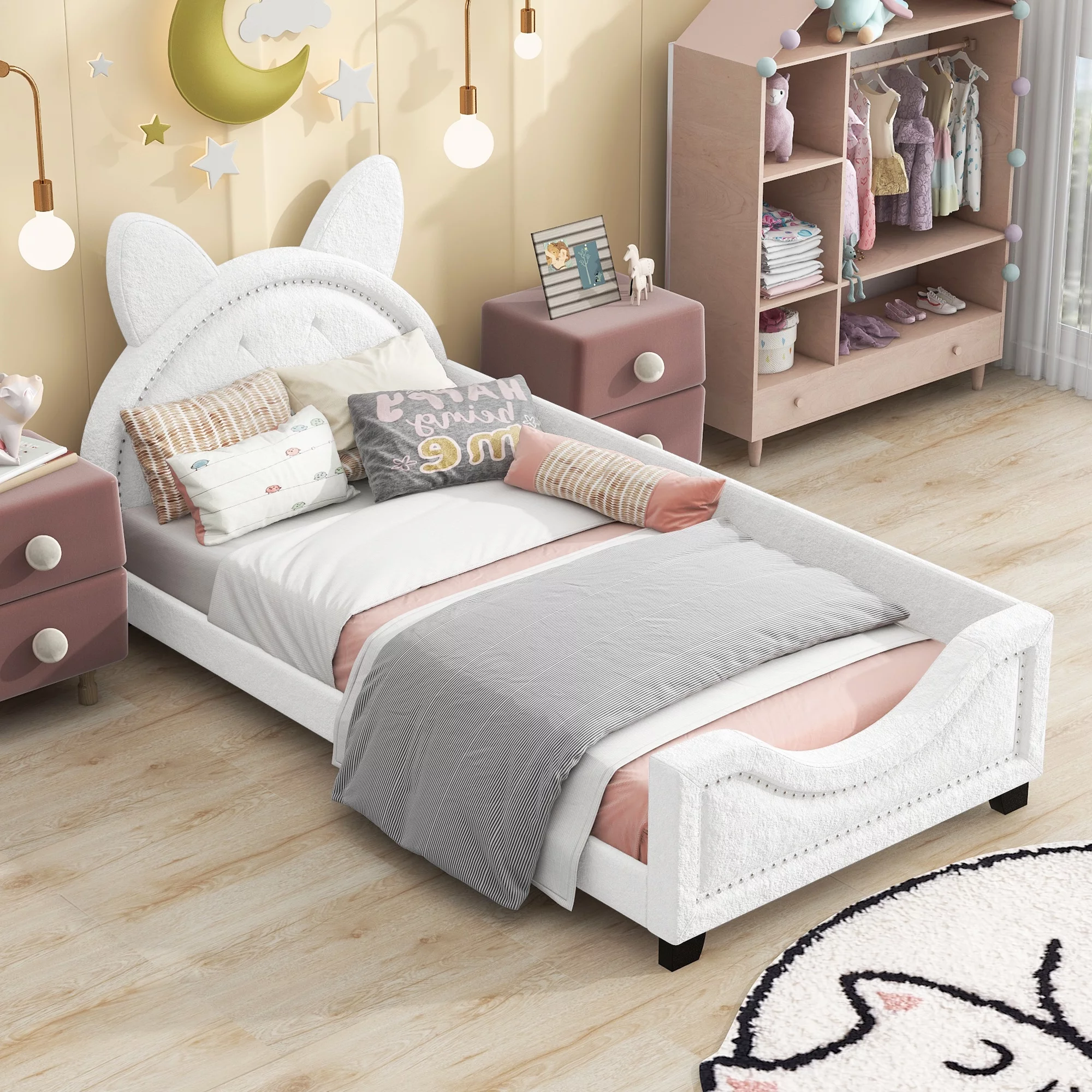 Docooler Fleece Twin Size Upholstered Daybed with Carton Ears Shaped Headboard, White Cozy and Stylish Furniture for Your Bedroom