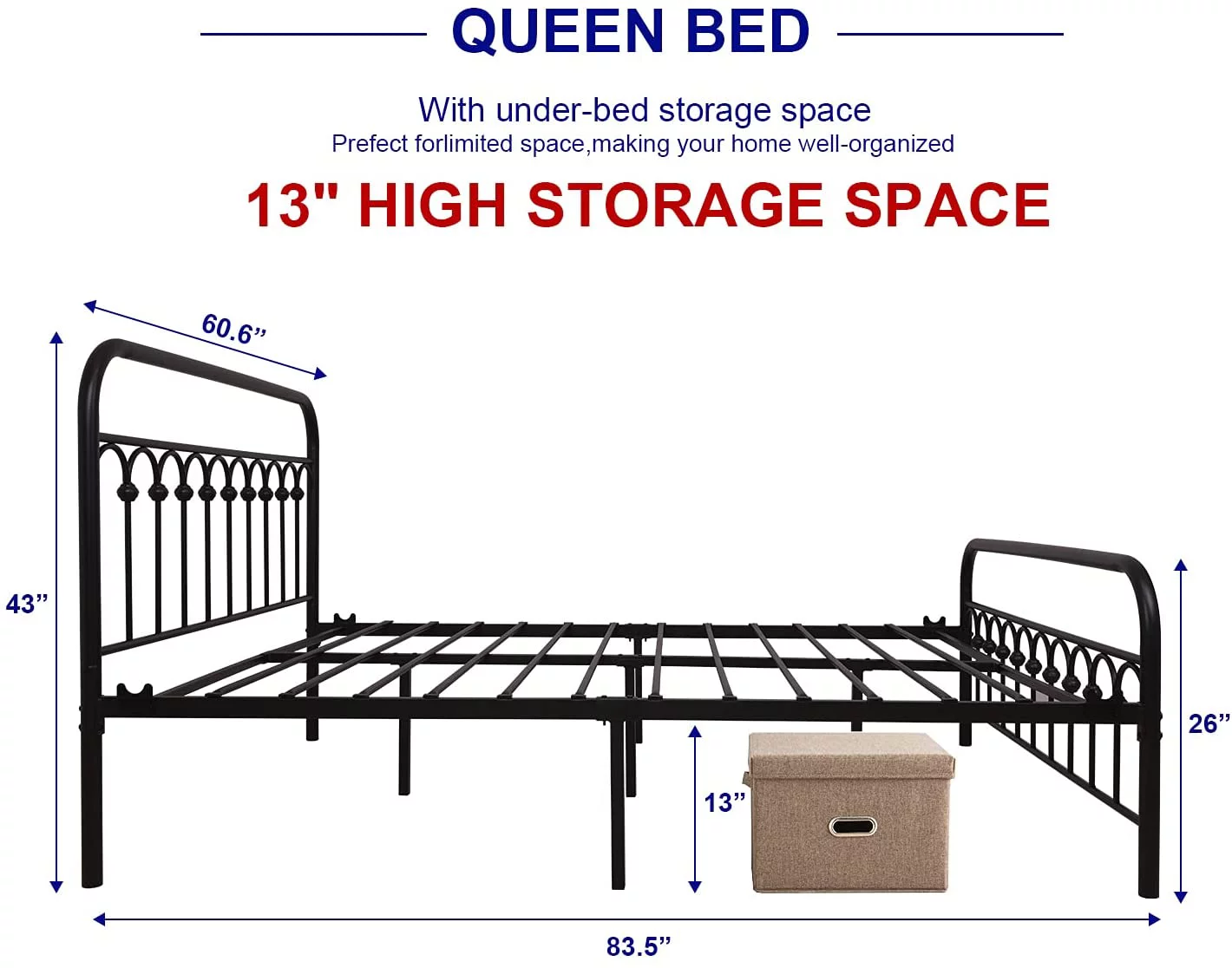 OUWI Metal Bed Frame Queen Size with Vintage Headboard and Footboard Platform Base Wrought Iron Bed Frame (Queen,Black)