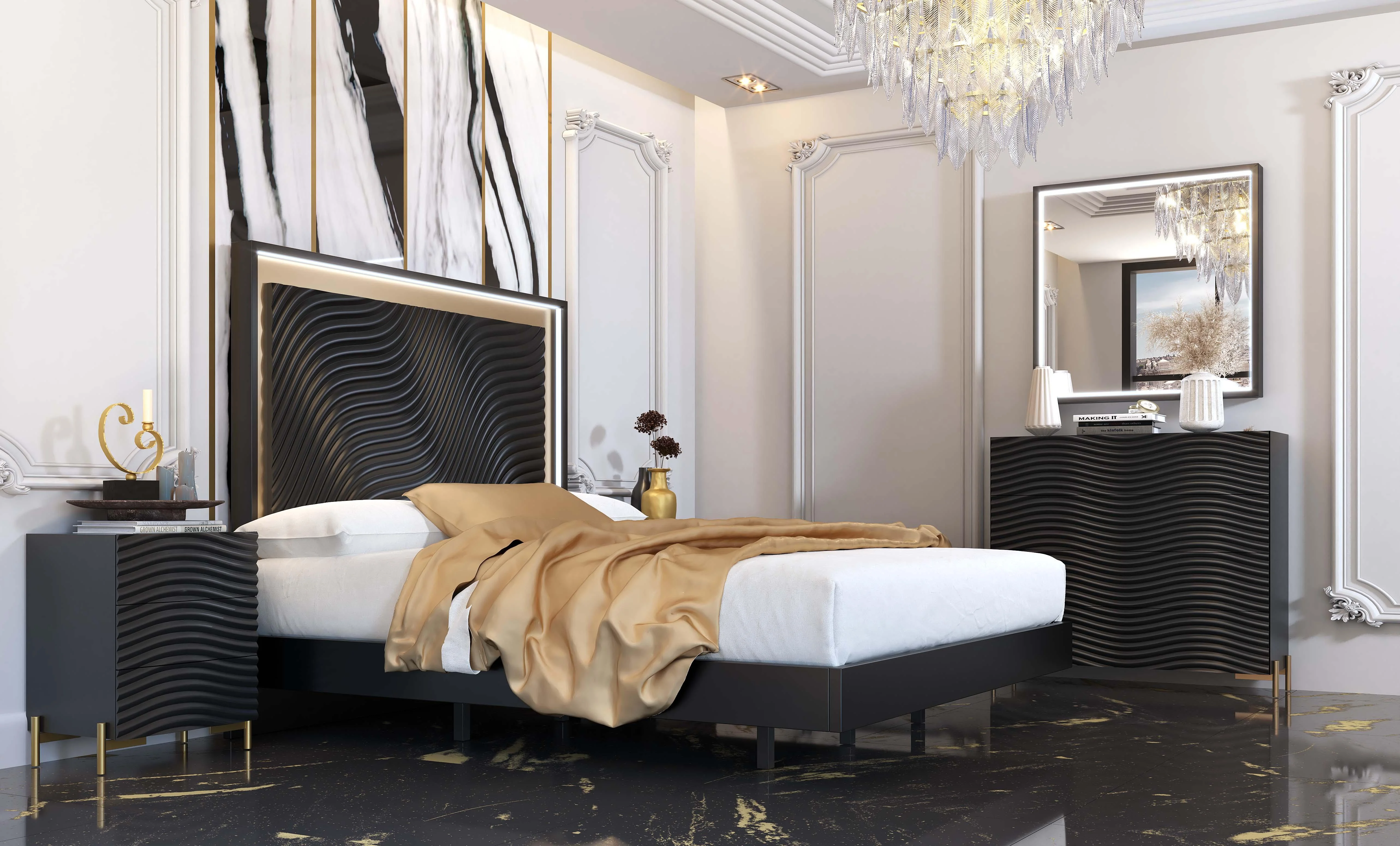 Glam Shiny Dark Grey King Bedroom Set 6Pcs WAVE ESF Contemporary MADE IN SPAIN