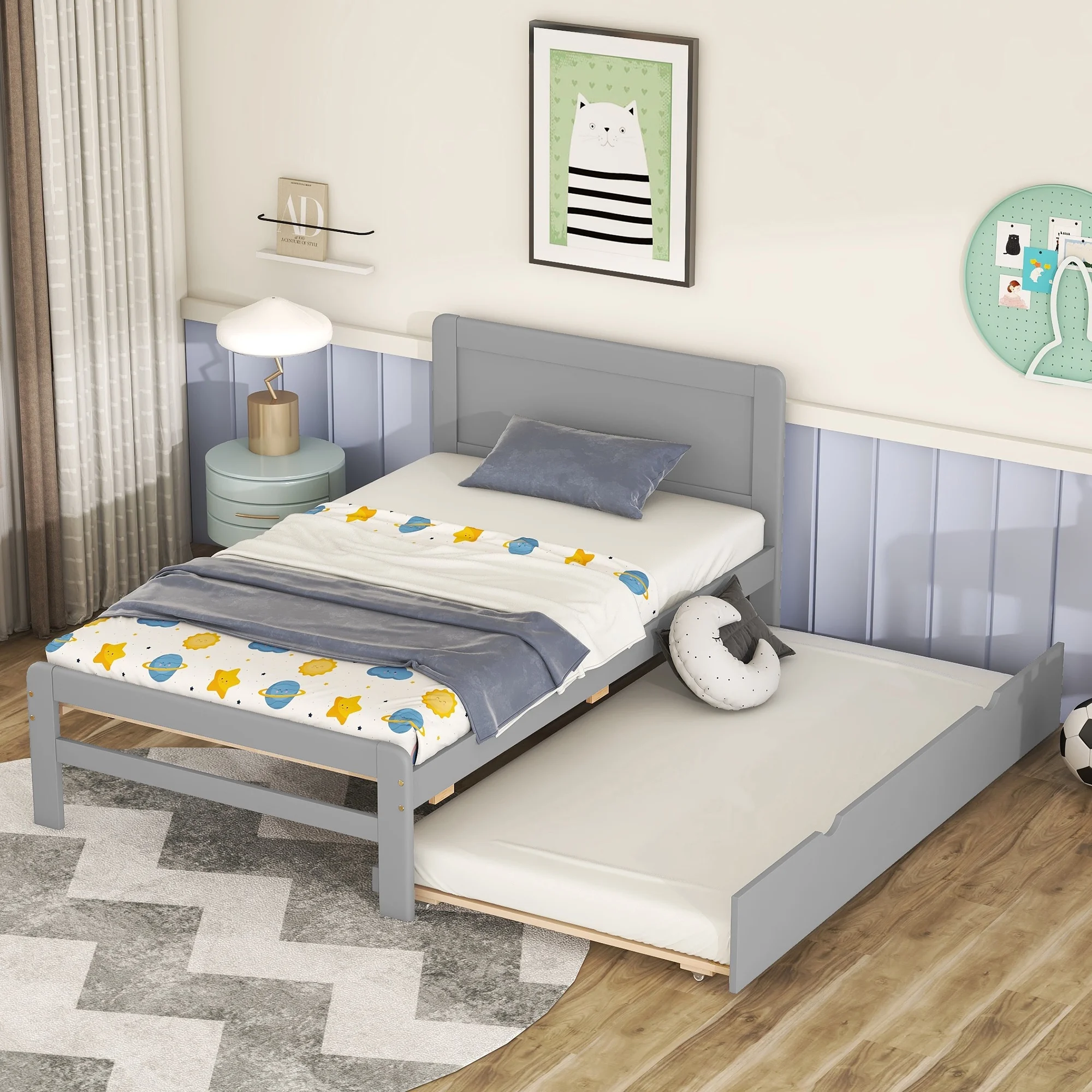 Modern Twin Size Platform Bed Frame with Trundle - Grey Color