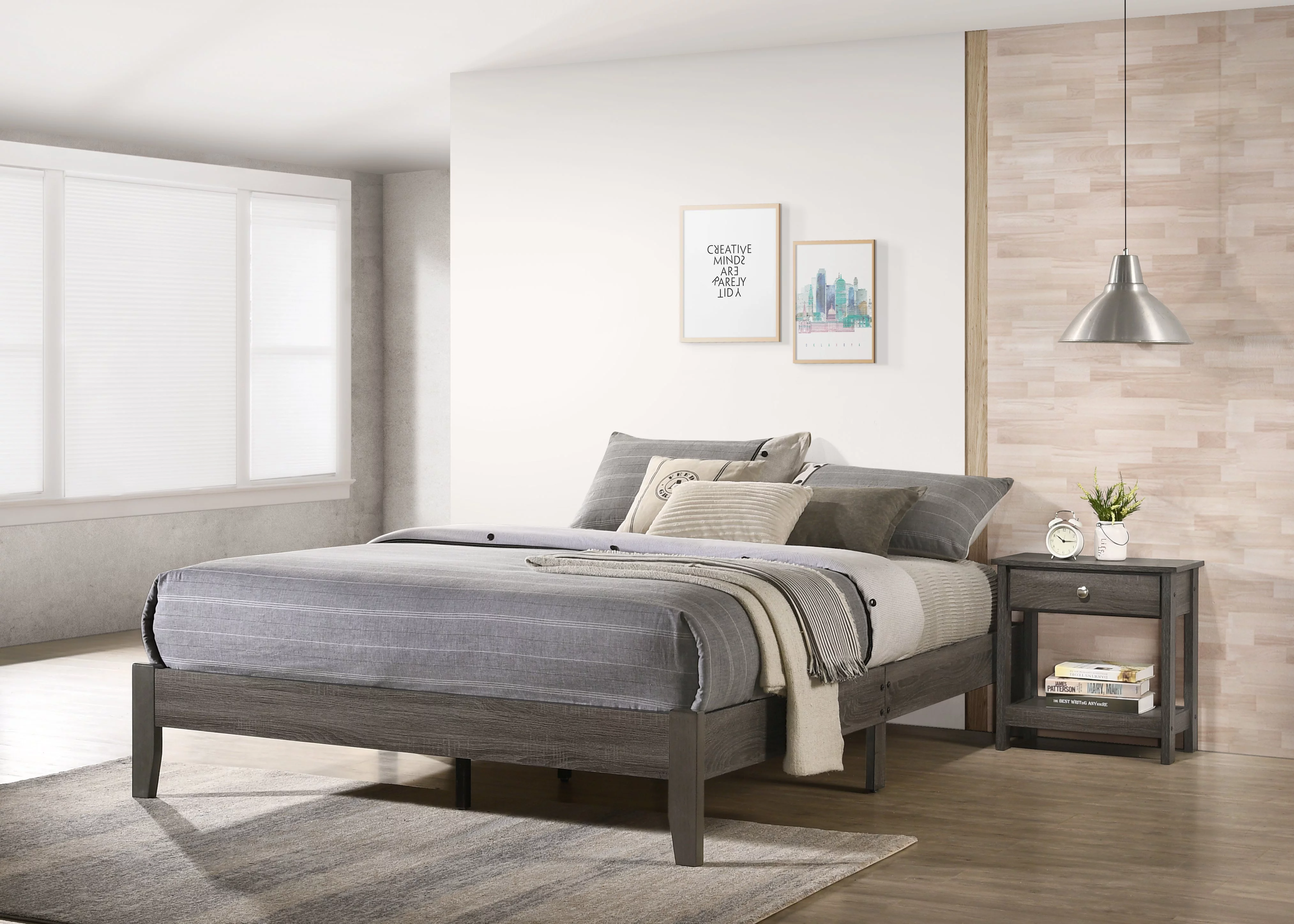 Contemporary Style 3pc Full Size Platform Bed and Nightstand Set Gray Finish Wooden Bedroom Furniture