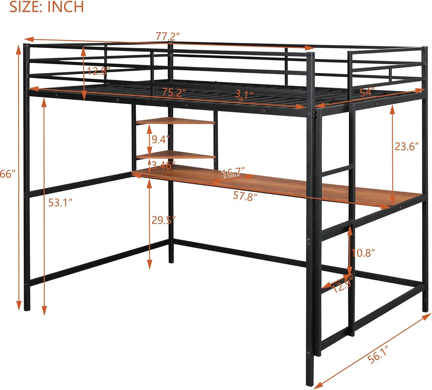 Full Size Metal Loft Bed With Long Desk, Shelves And Full Length Guardrails, Space-Saving Full Loft Bed For Bedroom, Black
