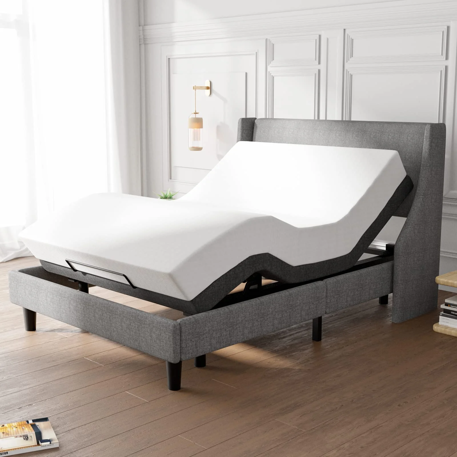 Einfach Queen Size Motorized Upholstered Adjustable Bed Base 2.0, Wireless Remote