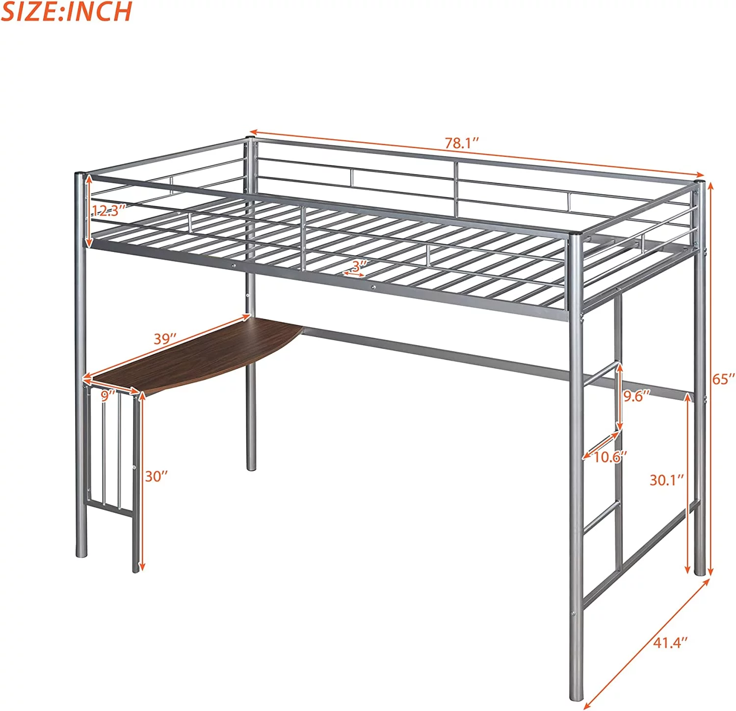Metal Buk Bed With Desk, Ladder Ad Guardrails, Loft Bed For Bedroom, Silver