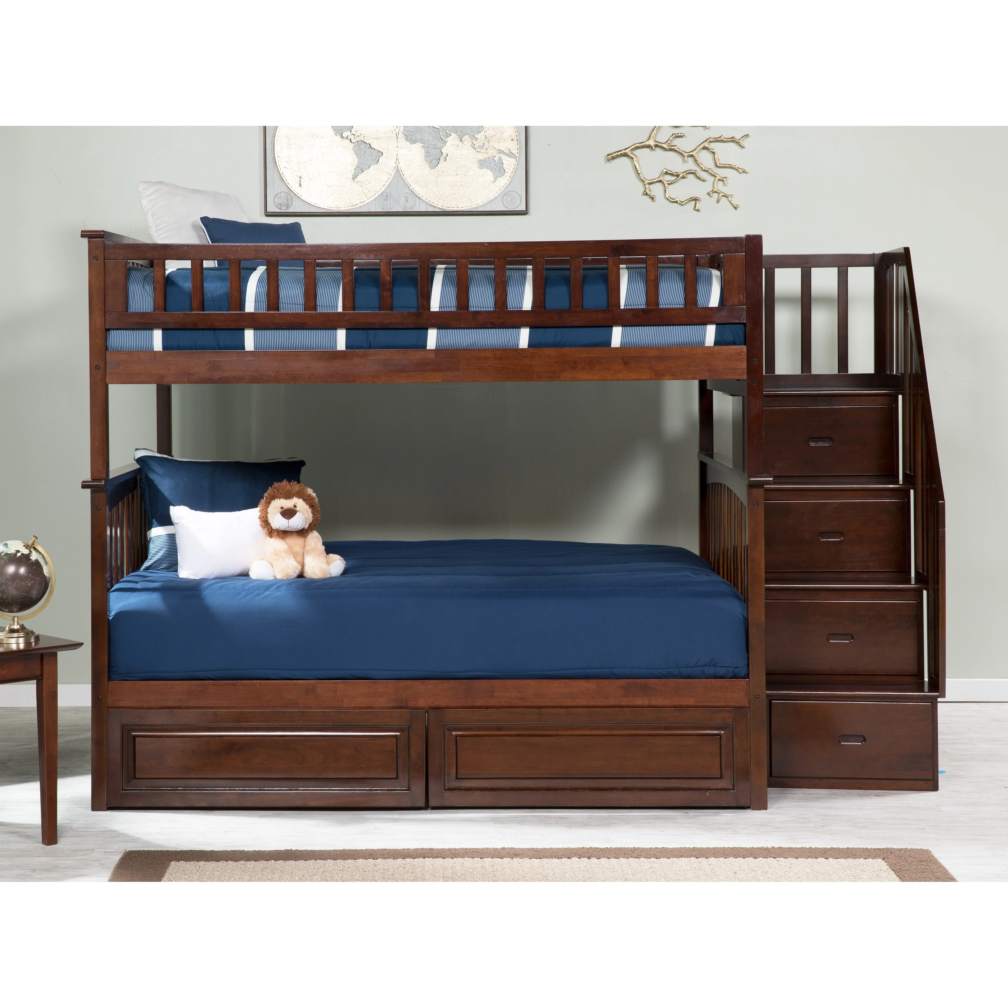 Columbia Staircase Bunk Bed Full over Full with 2 Raised Panel Bed Drawers in Walnut