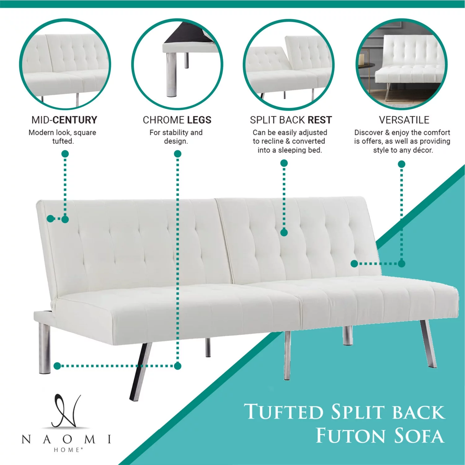Tufted Split Back Futon Sofa by Naomi Home-Color:White,Style:Linen