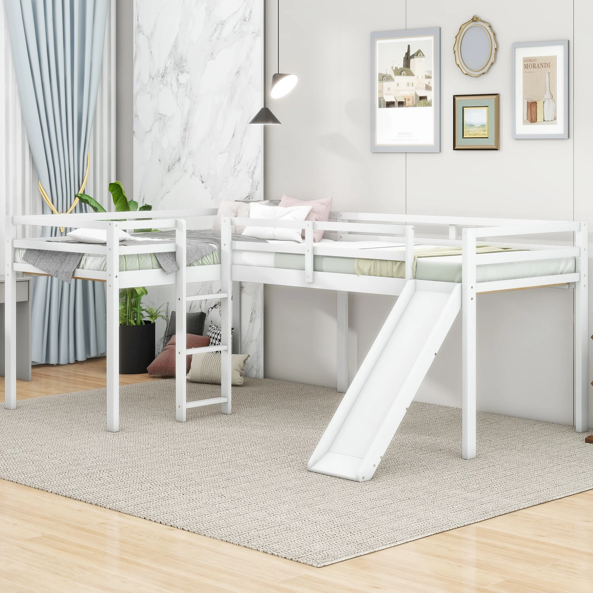 CoSoTower L-Shaped Twin Size Loft Bed with Ladder and Slide, White